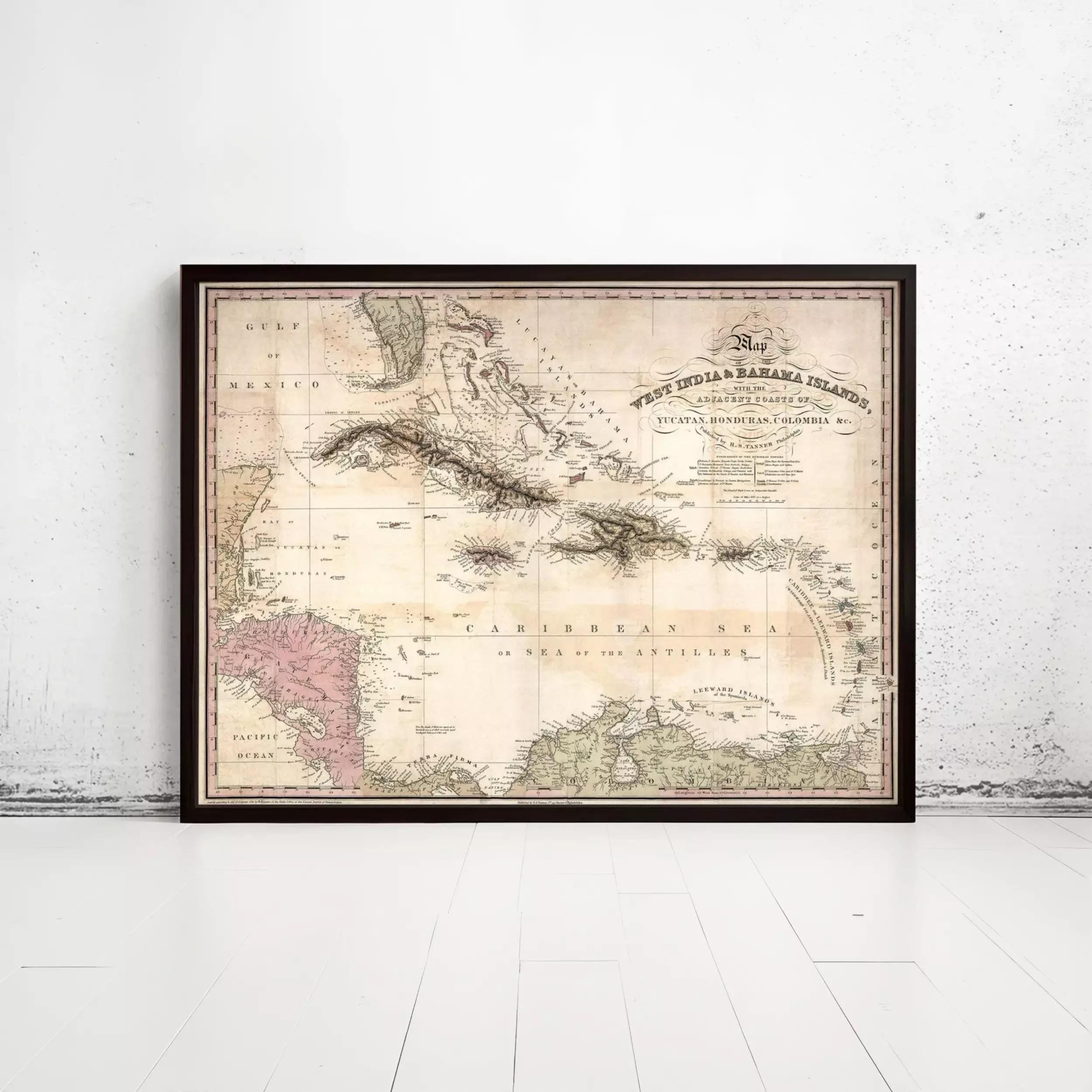 The image is a framed vintage map of the Caribbean Sea, depicting the West Indies and Barbary Islands.