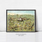 The image is a framed art print depicting a detailed map of a city, with various landmarks and buildings represented in a colorful and intricate manner.