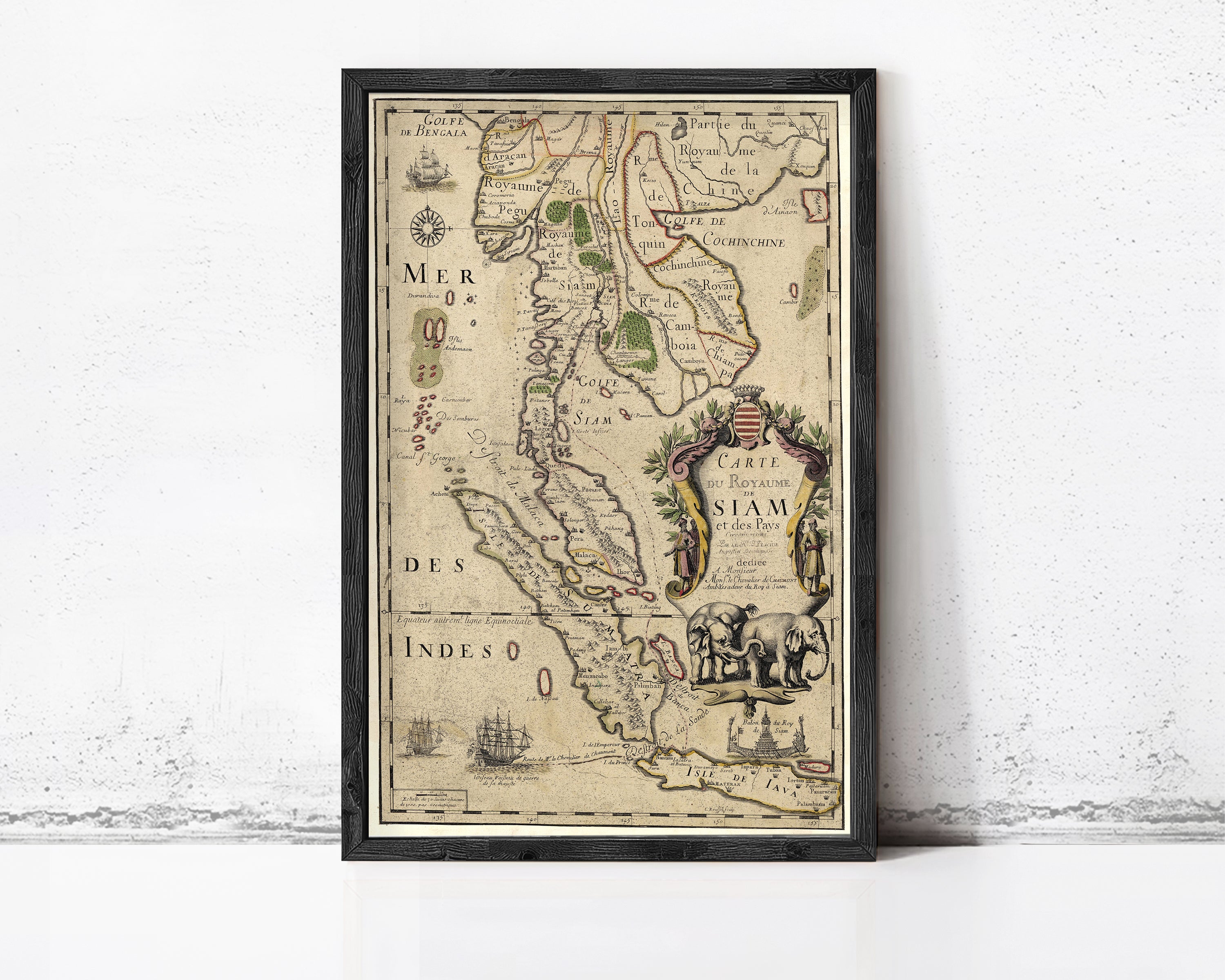 The image is a framed antique map of Southeast Asia, specifically the region between India and Thailand.