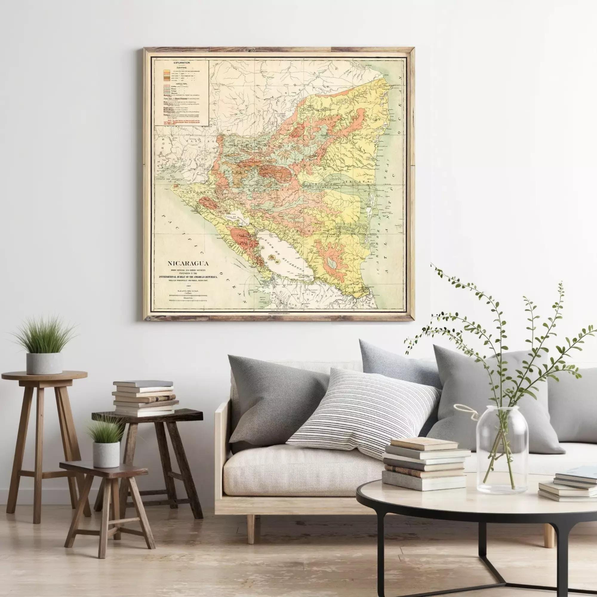 a living room with a large framed map of Nicaragua hanging on the wall above a couch. The room has a wooden coffee table, a small side table, and a potted plant. There are also several books and decorative items on the coffee table and side table.