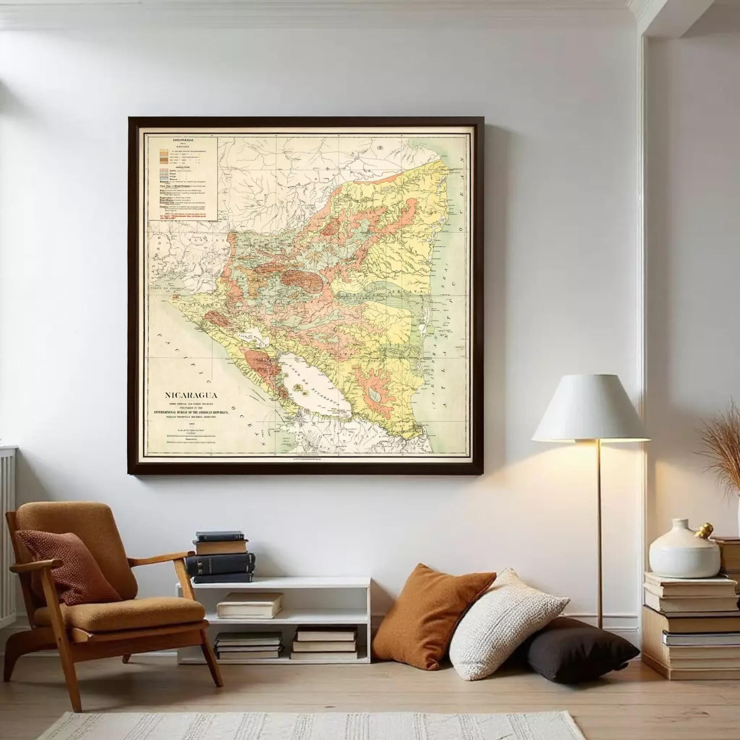 The image is a framed vintage map of Nicaragua, showing the country's geographical layout and boundaries.
