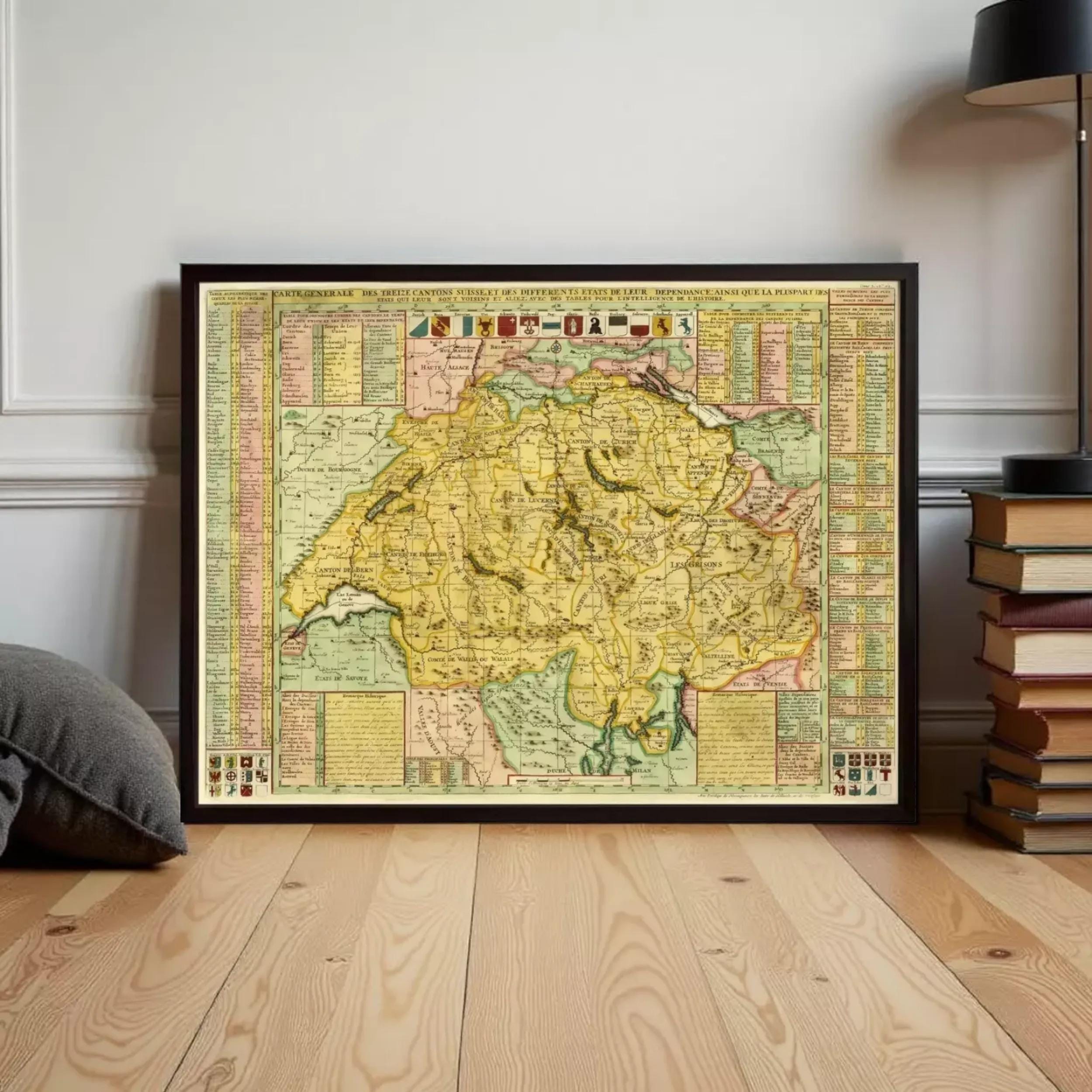 The image is a framed vintage map of Switzerland, depicting the country's geographical layout and surrounding areas.