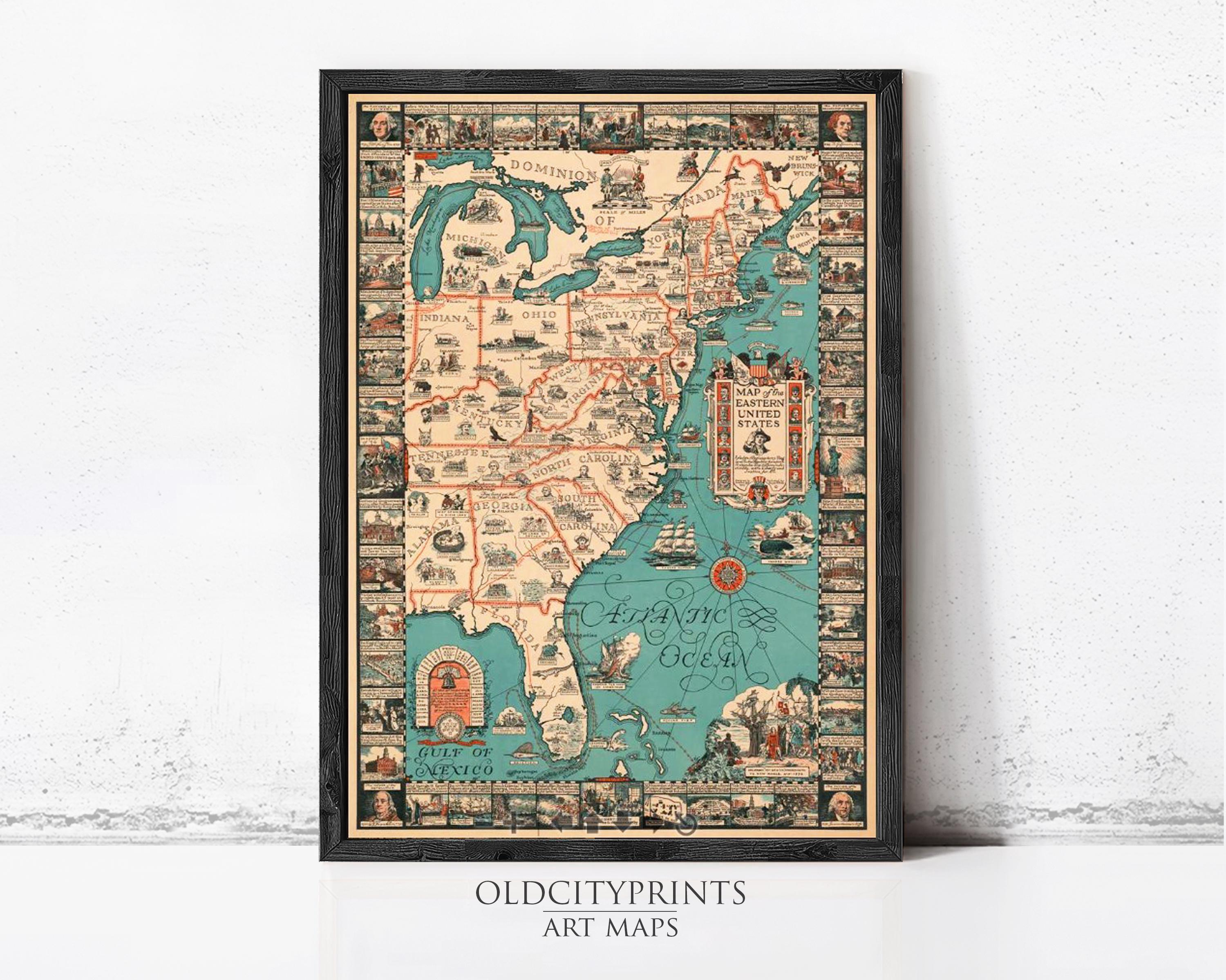 The image is a framed vintage map of the eastern United States, featuring detailed illustrations and labels for various regions and landmarks.