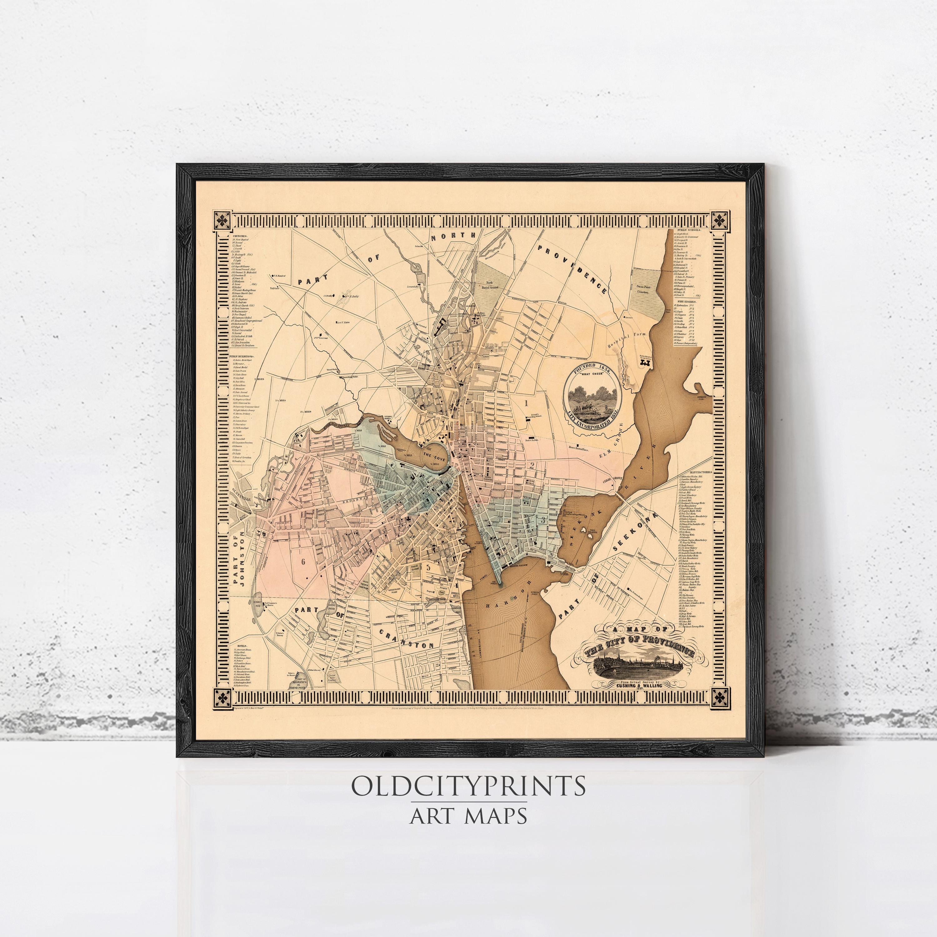 The image is a framed vintage map of Boston, Massachusetts, with a black border and a beige background.