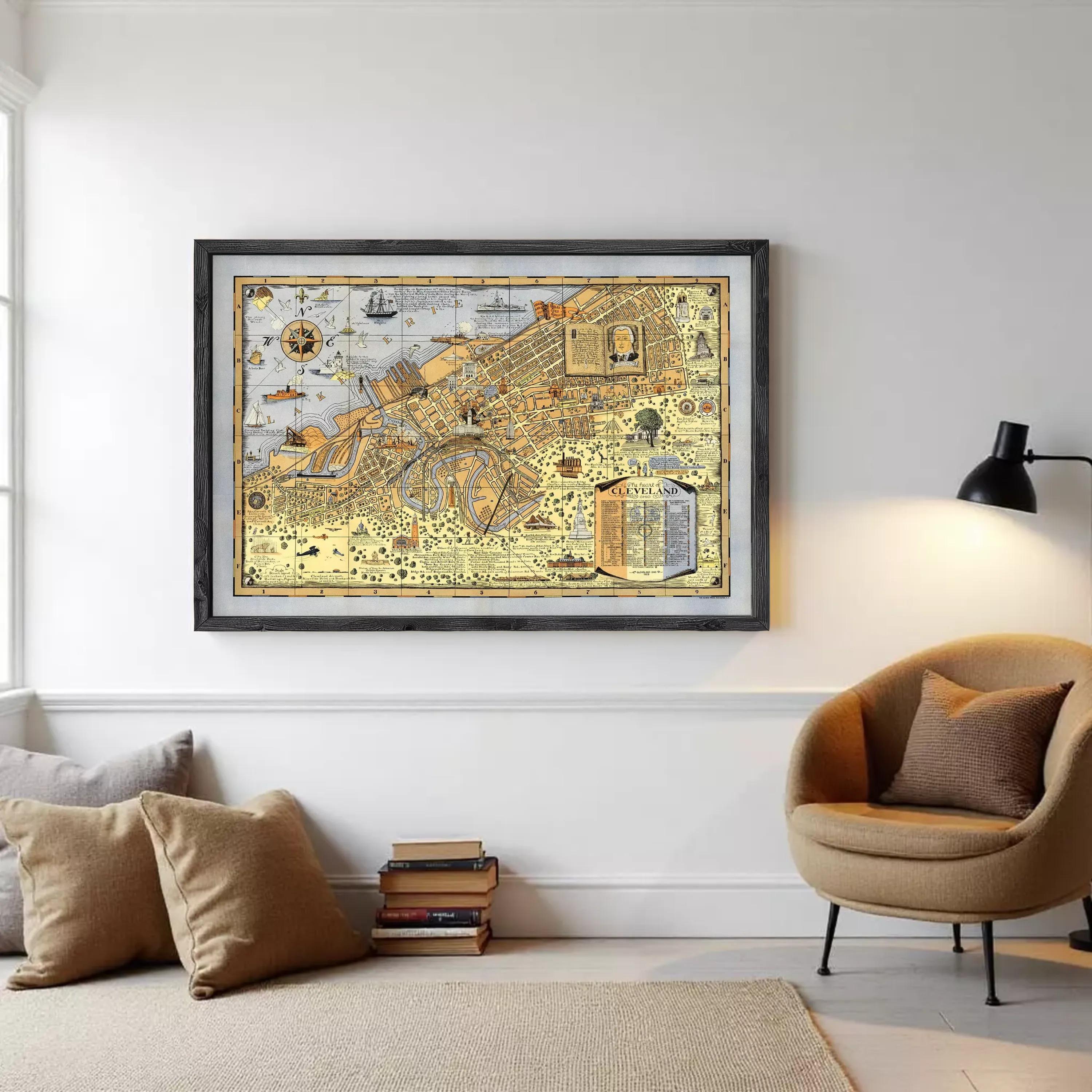 The image is a framed vintage map of Cleveland, Ohio, depicting various landmarks and locations within the city.
