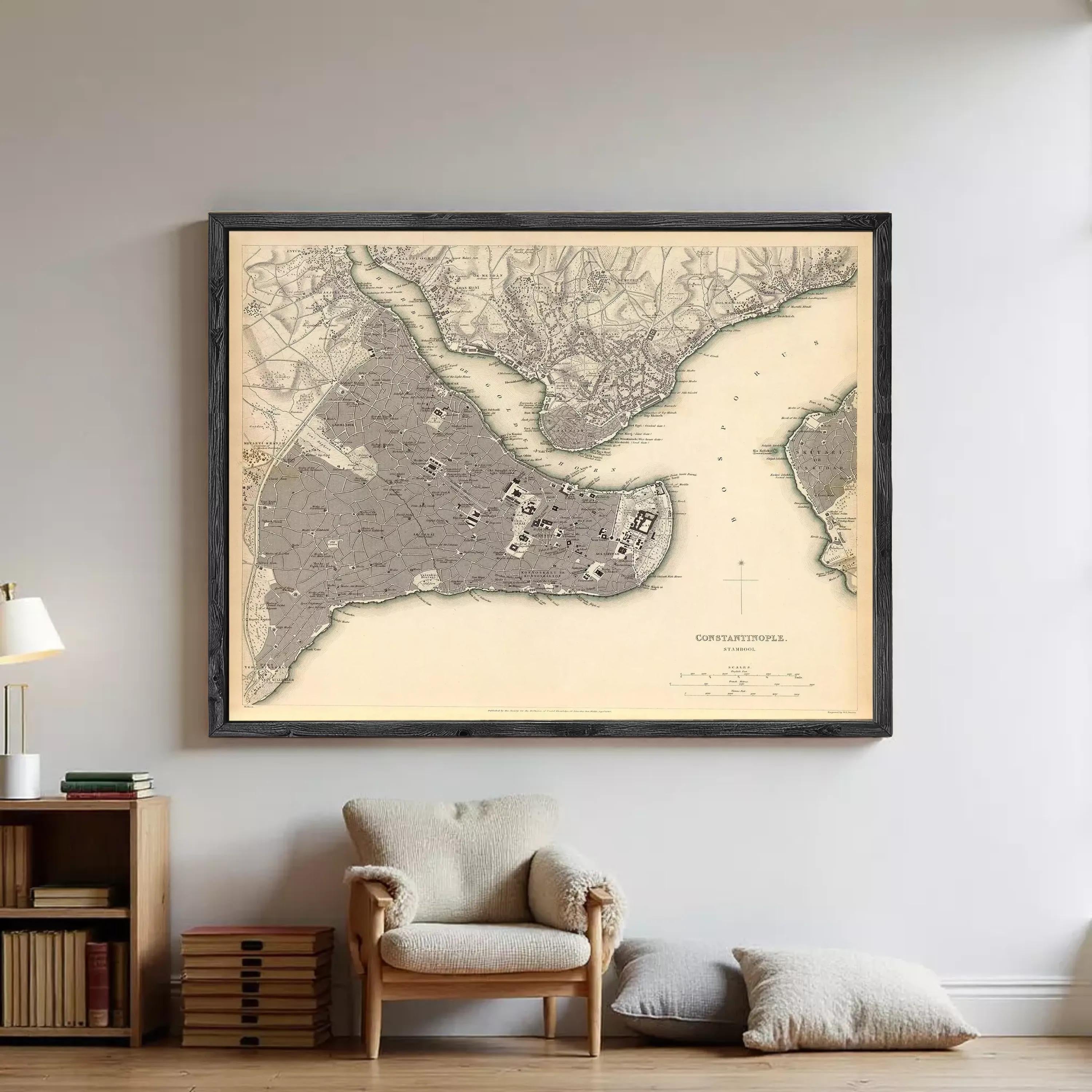 The image is a framed vintage map of the city of Istanbul, Turkey, depicting the city's streets and surrounding areas.