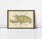 The image is a framed vintage map of the island of St. Martin, depicting the island's geographical features and surrounding areas.