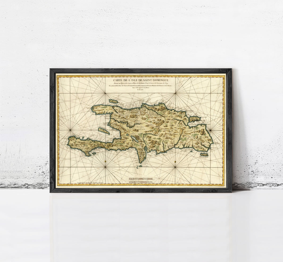 The image is a framed vintage map of the island of St. Martin, depicting the island's geographical features and surrounding areas.