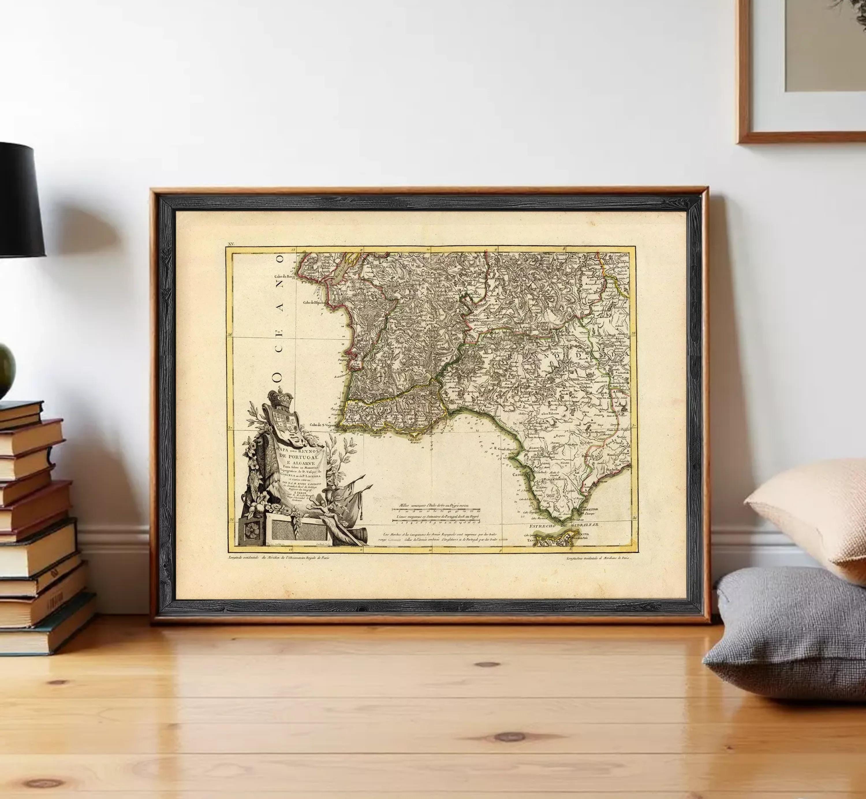 The image is a framed antique map of the Iberian Peninsula, which includes Spain, Portugal, and Portugal's neighboring countries.