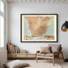 The image is a framed vintage map of South Africa, depicting the country's geographical layout and surrounding areas.