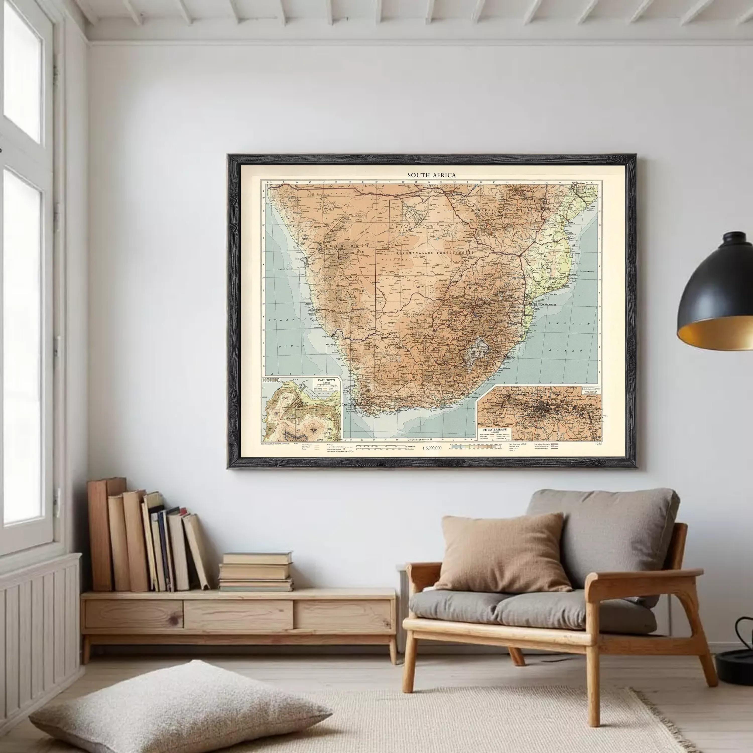 The image is a framed vintage map of South Africa, depicting the country's geographical layout and surrounding areas.