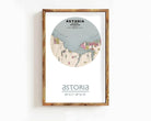 The image is a framed map of Astoria, Oregon, with a wooden frame.