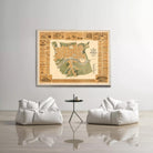 a large map of a city displayed on a wall, with two white bean bag chairs positioned in front of it.