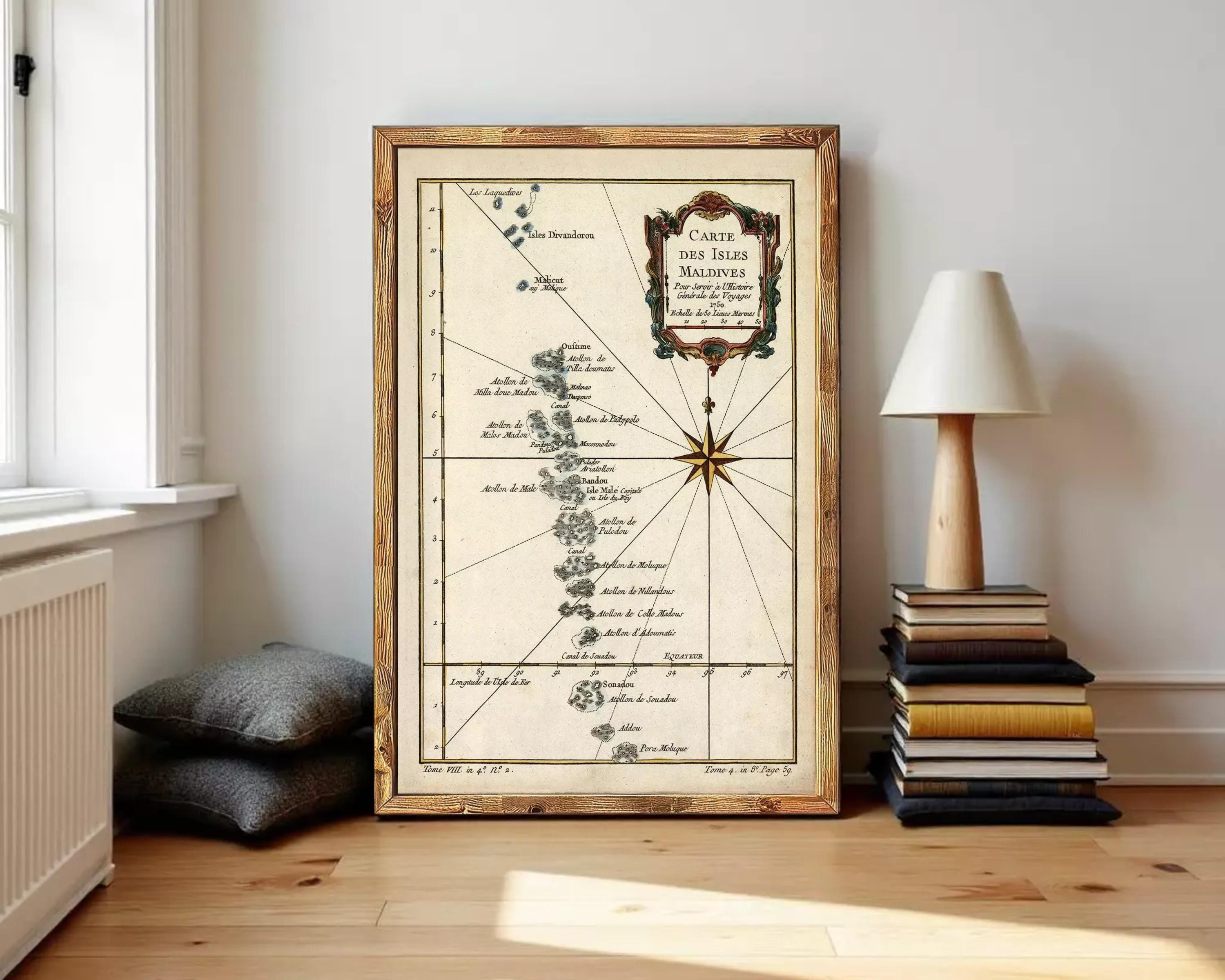 The image is a framed map of the Maldives, a group of islands located in the Indian Ocean.