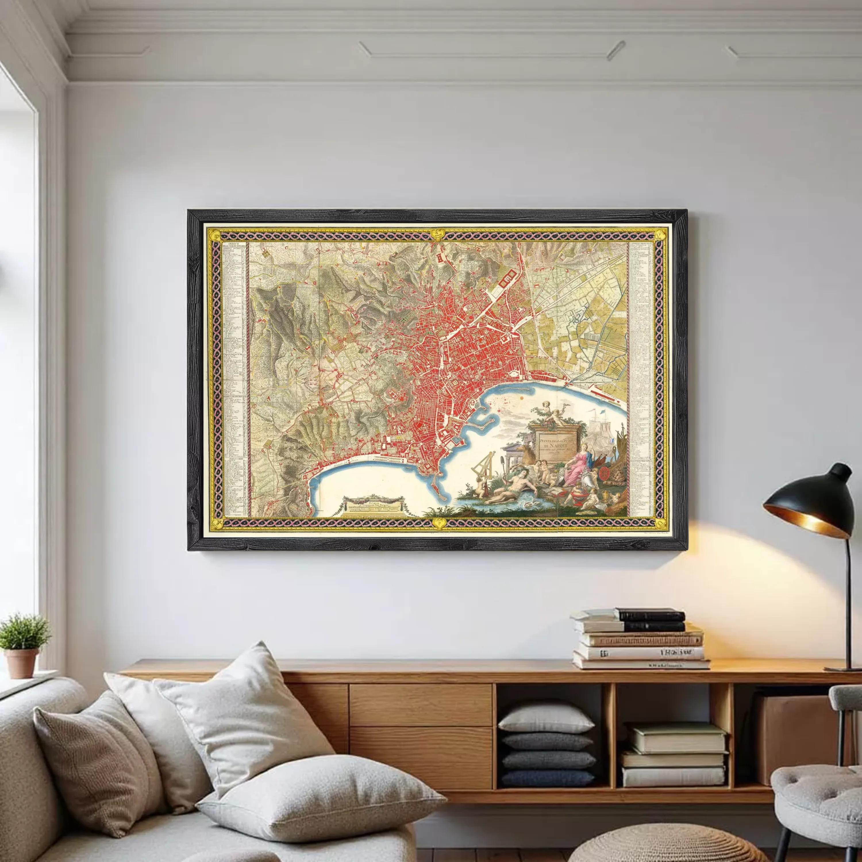 The image is a framed vintage map of a city, depicting a detailed and colorful representation of the urban landscape.