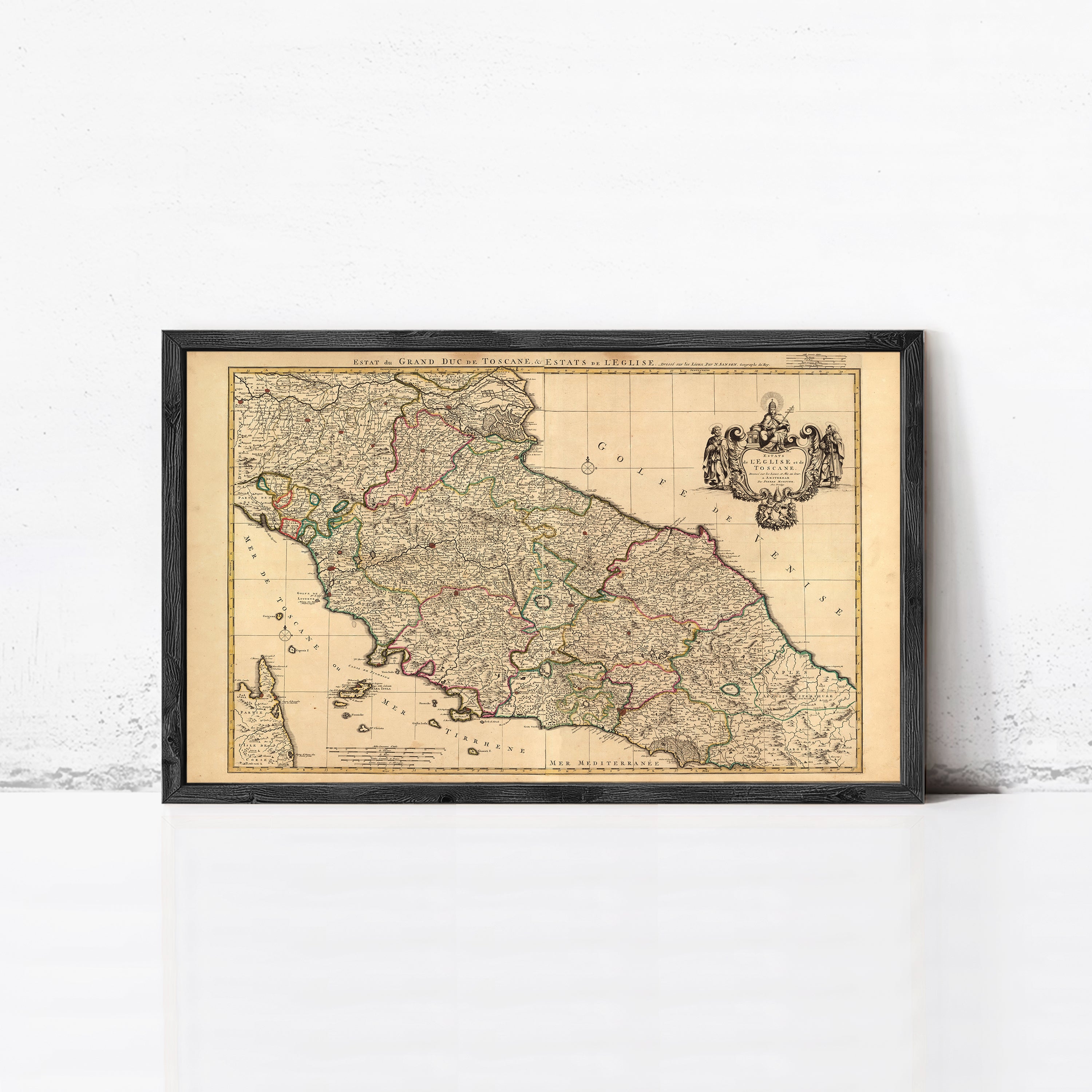 The image is a framed antique map of Italy, depicting the country's geographical layout and boundaries.