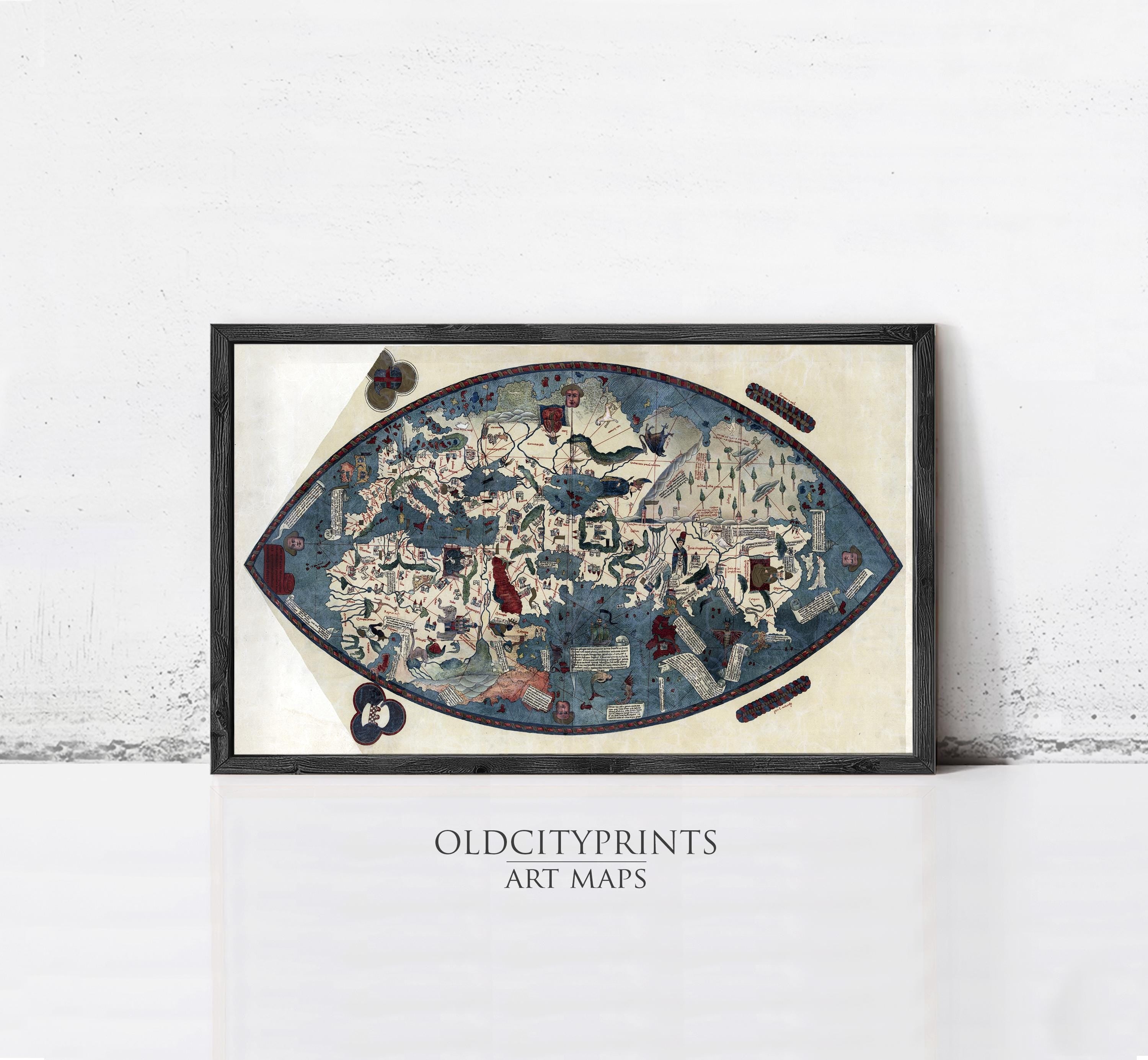 The image is a framed art print depicting a detailed map of the world, with various symbols and illustrations representing different geographical features and regions.