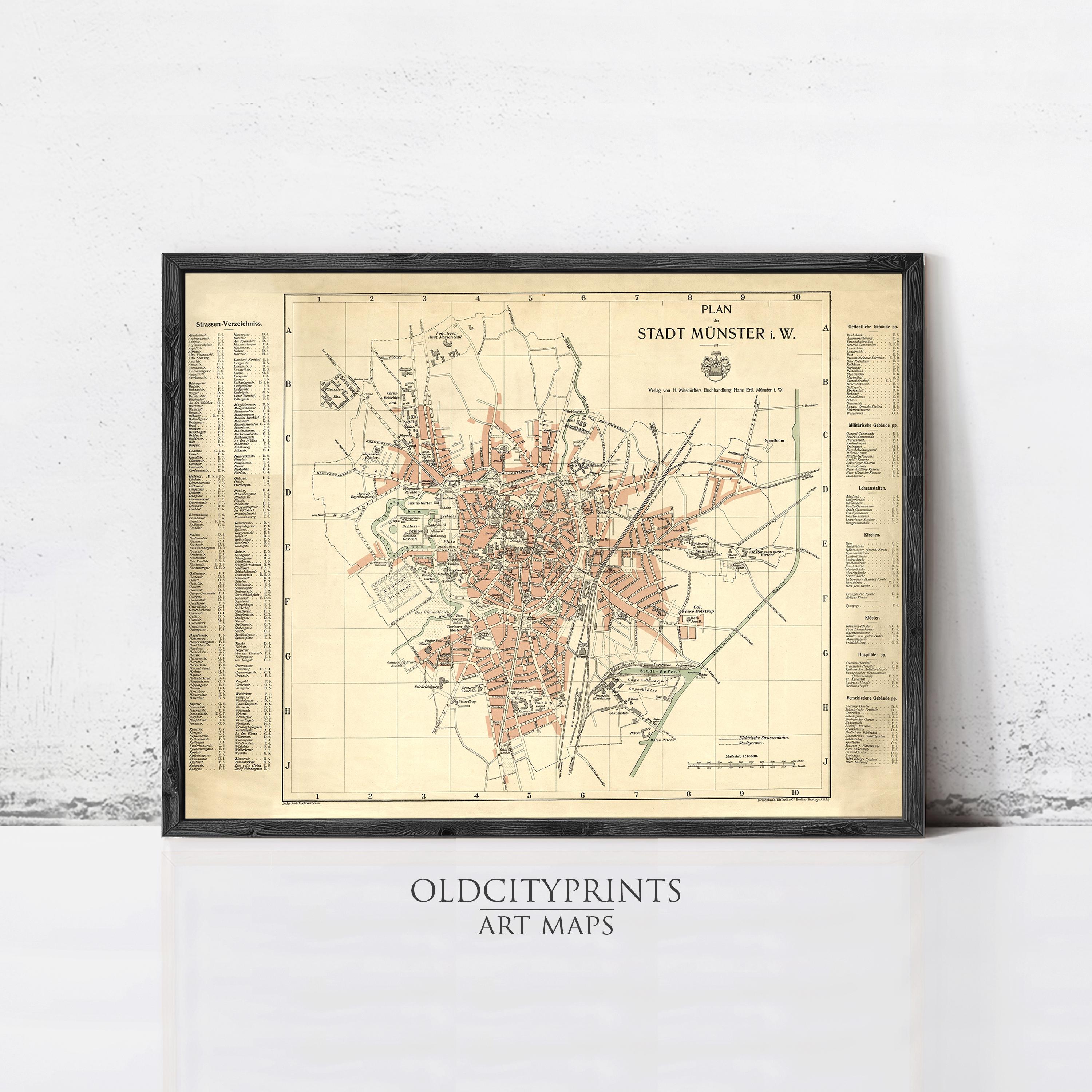 The image is a framed vintage map of Stadt, Germany, with detailed labels and a grid system.