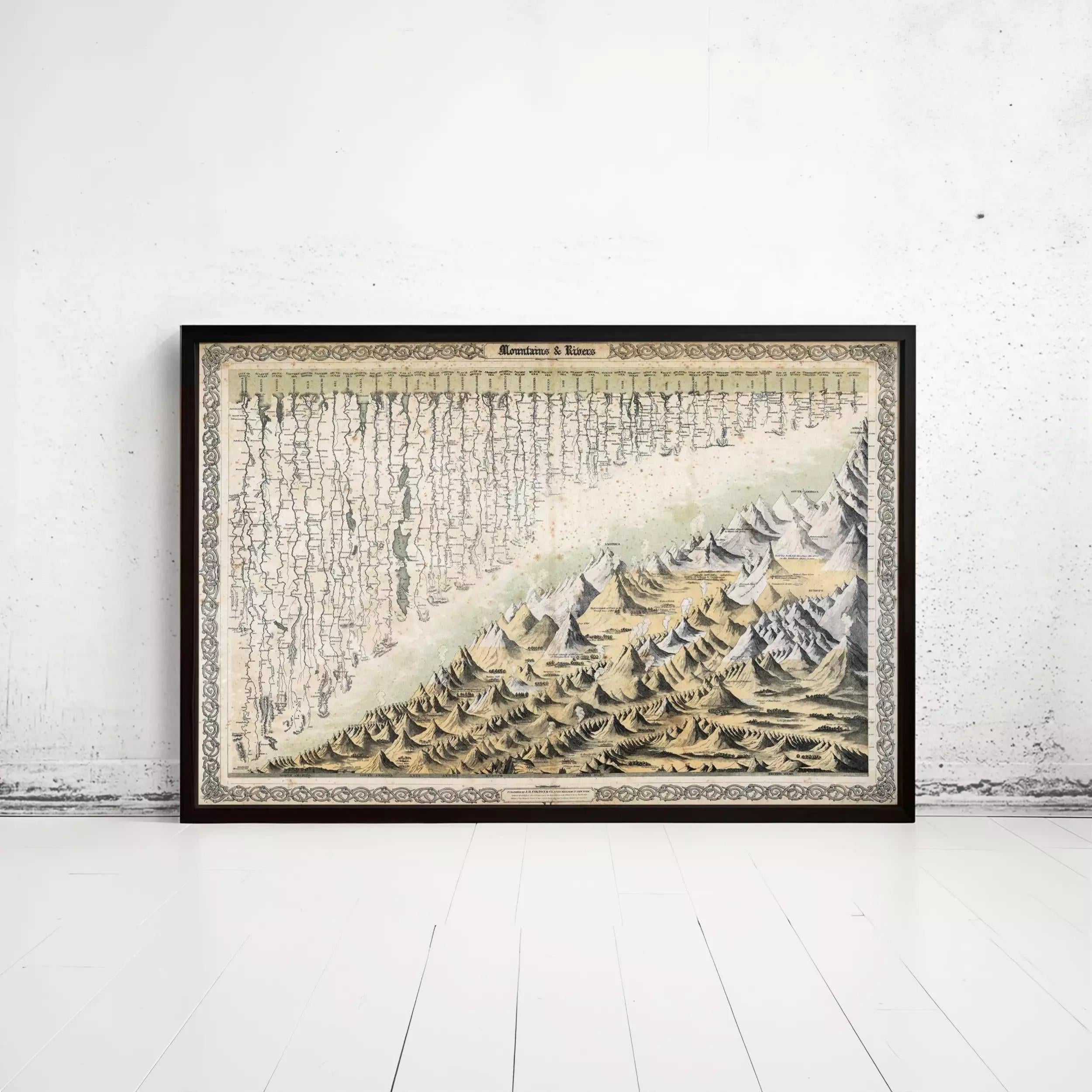 The image is a framed painting depicting a mountainous landscape with a snowy, wintry scene.