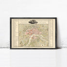 The image is a framed vintage map of a city, likely Paris, with detailed street names and landmarks.