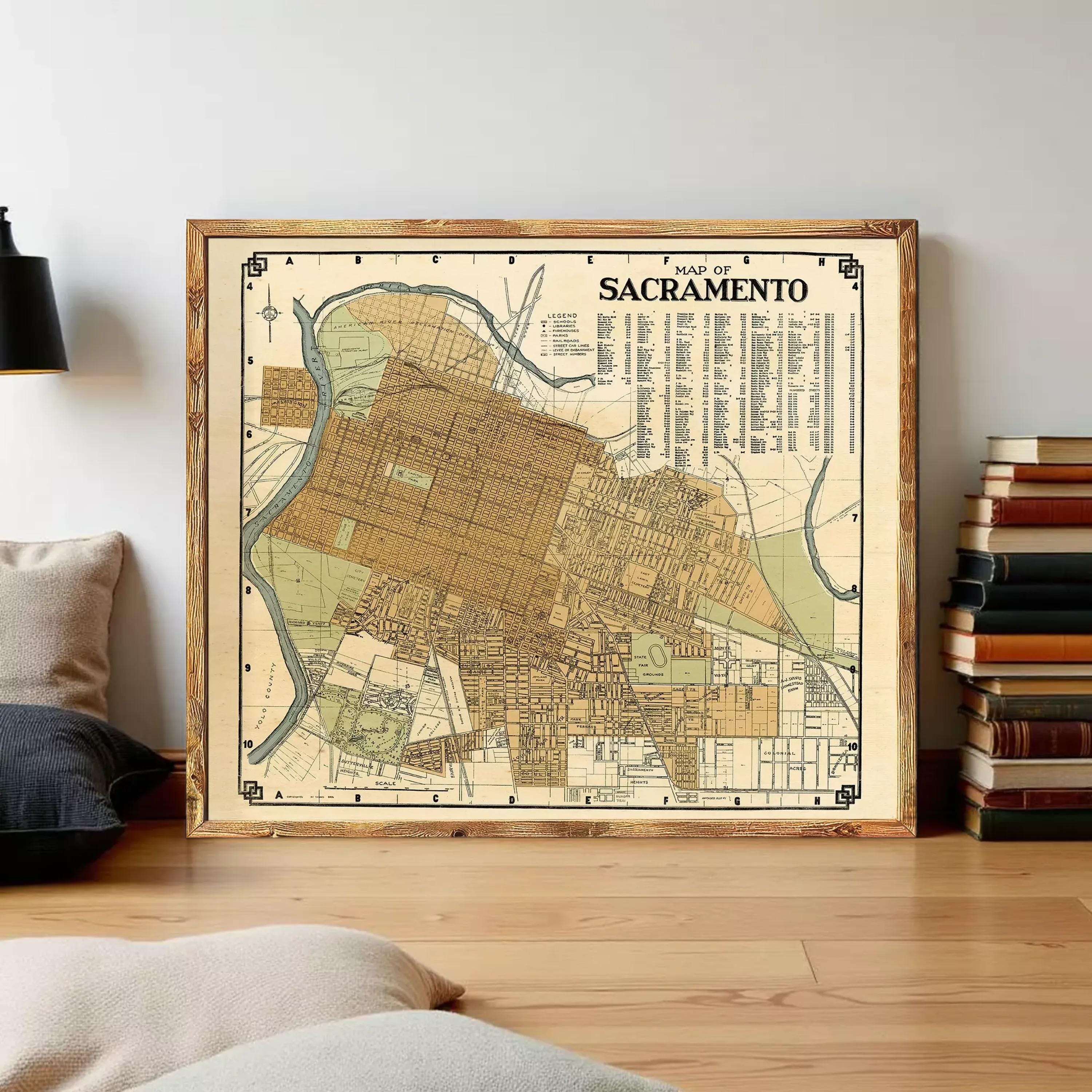 The image is a framed vintage map of Sacramento, California.