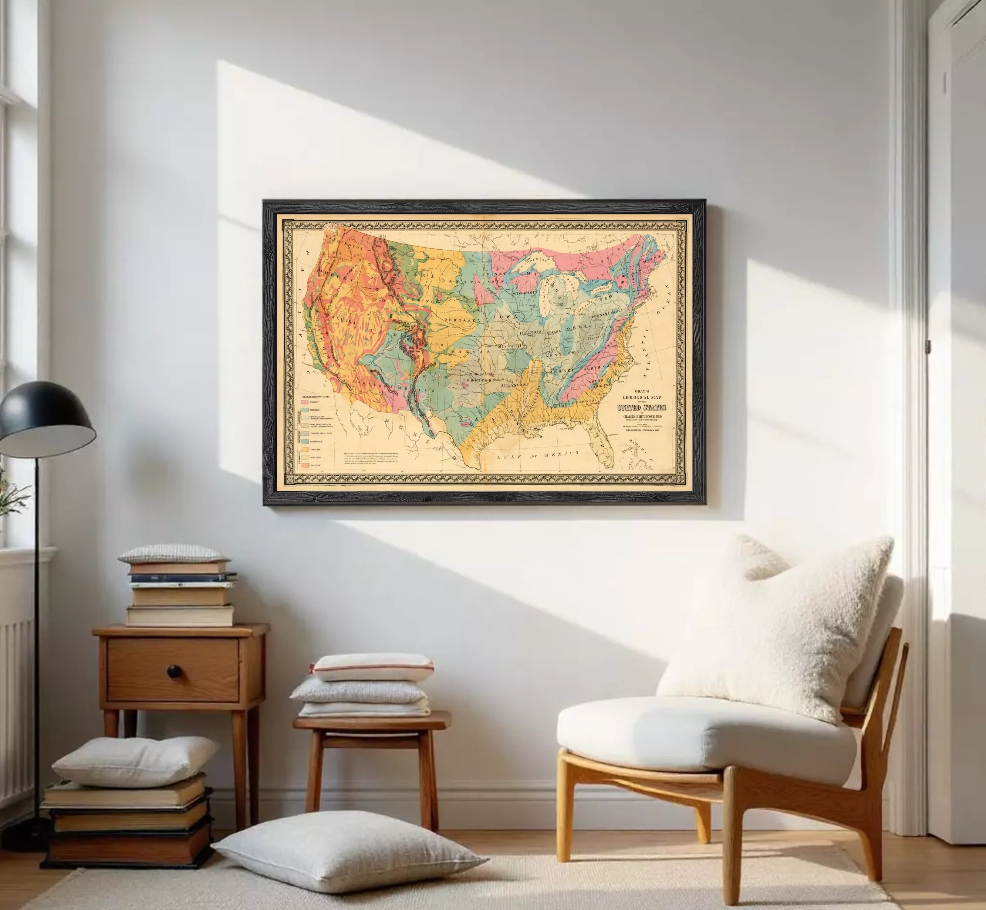 The image is a framed geological map of the United States, depicting the various geological features and regions of the country.