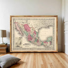 The image is a framed vintage map of Mexico, depicting the country's geographical layout and boundaries.