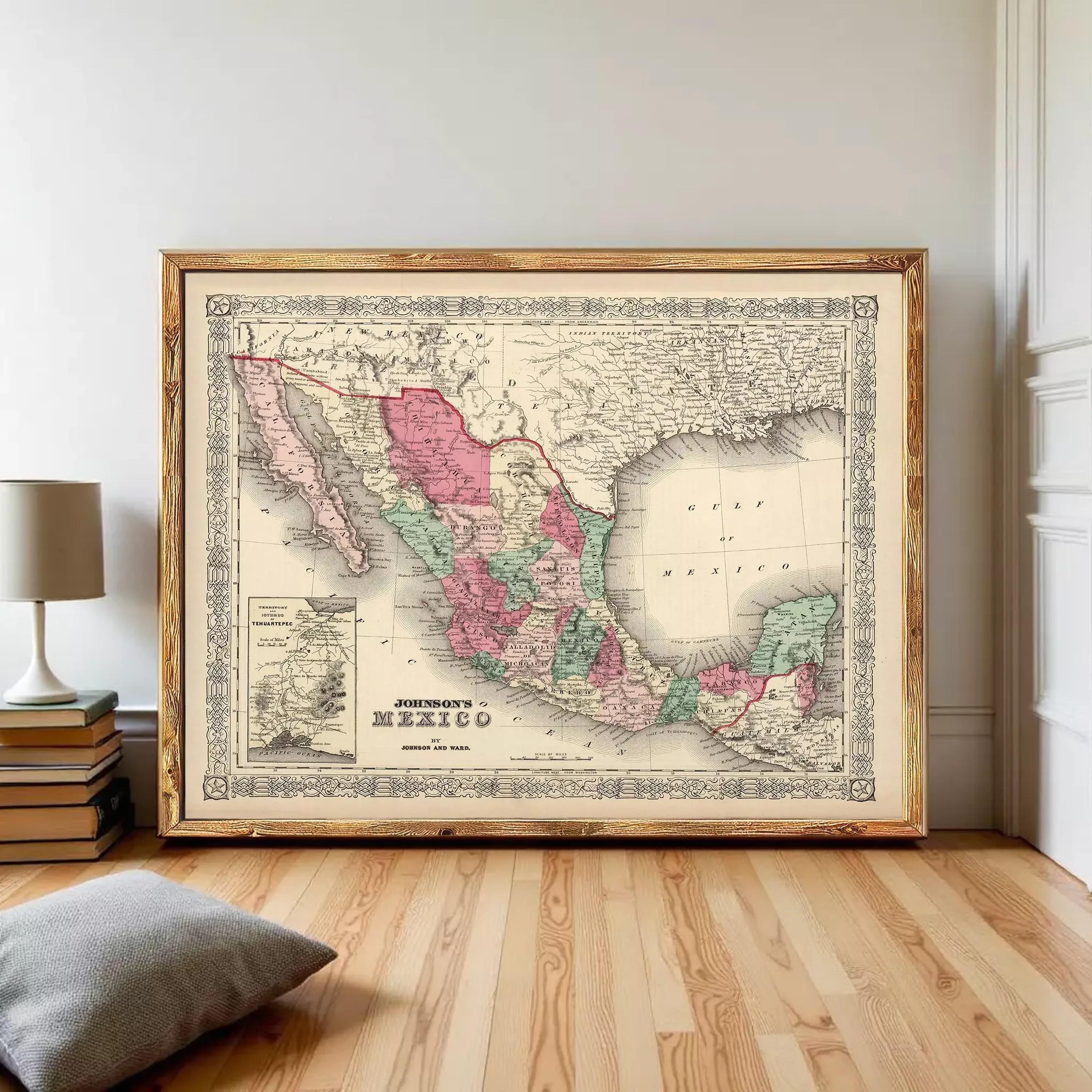 The image is a framed vintage map of Mexico, depicting the country's geographical layout and boundaries.