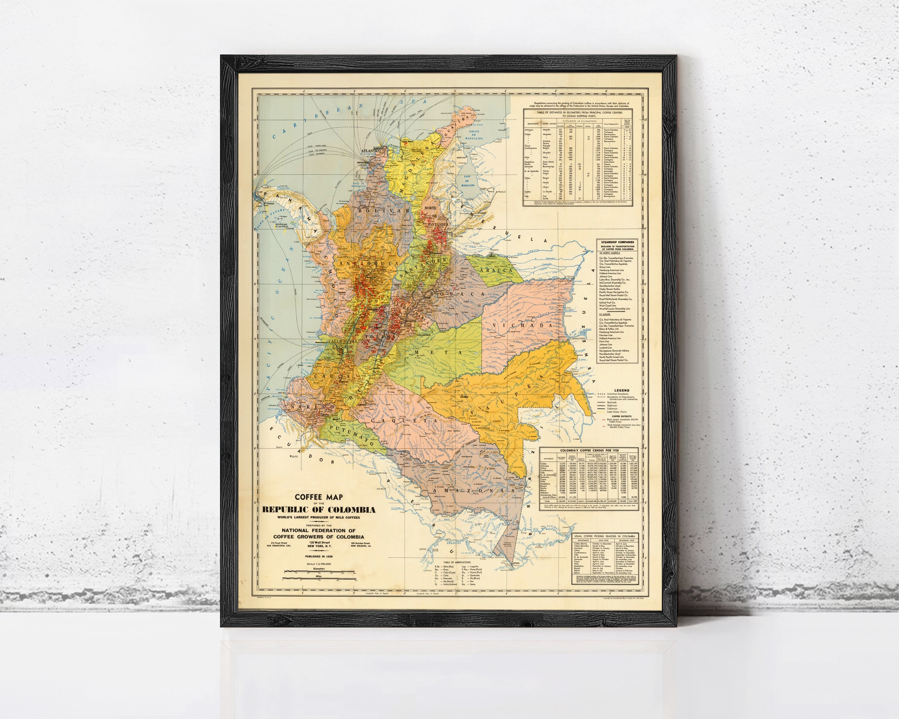 The image is a framed vintage map of the Republic of Colombia, depicting the country's geographical layout and boundaries.