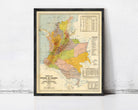 The image is a framed vintage map of the Republic of Colombia, depicting the country's geographical layout and boundaries.