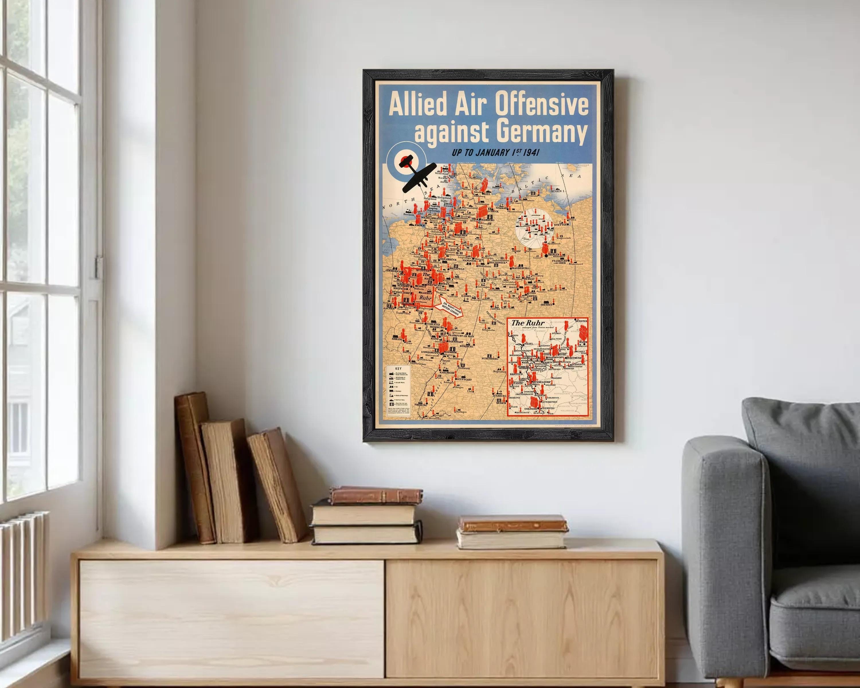 The image is a vintage poster depicting a map of Europe and Germany during World War II, with a focus on the Allied Air Offensive against Germany.