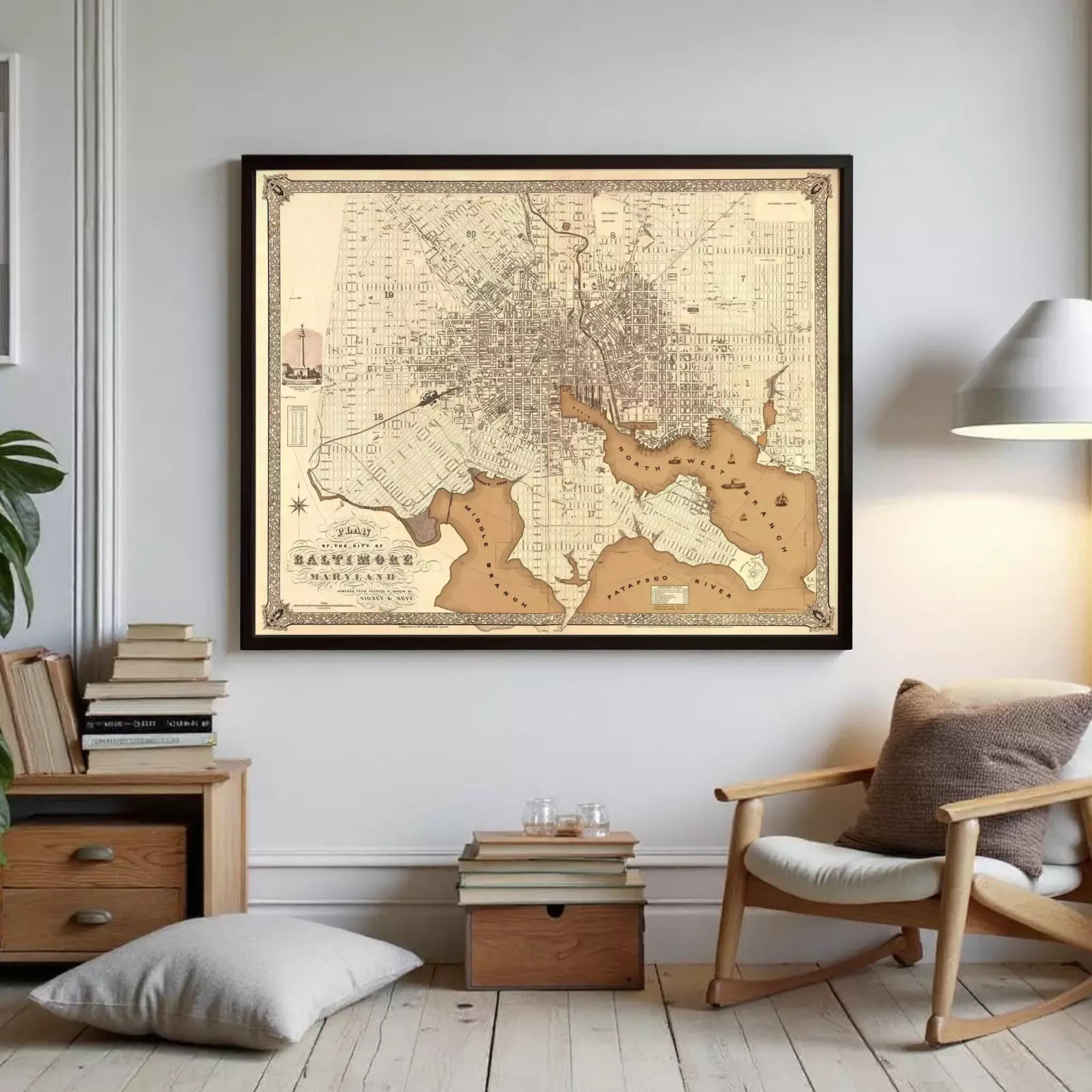 a large framed map of Baltimore, Maryland, hanging on a wall in a cozy living room setting.