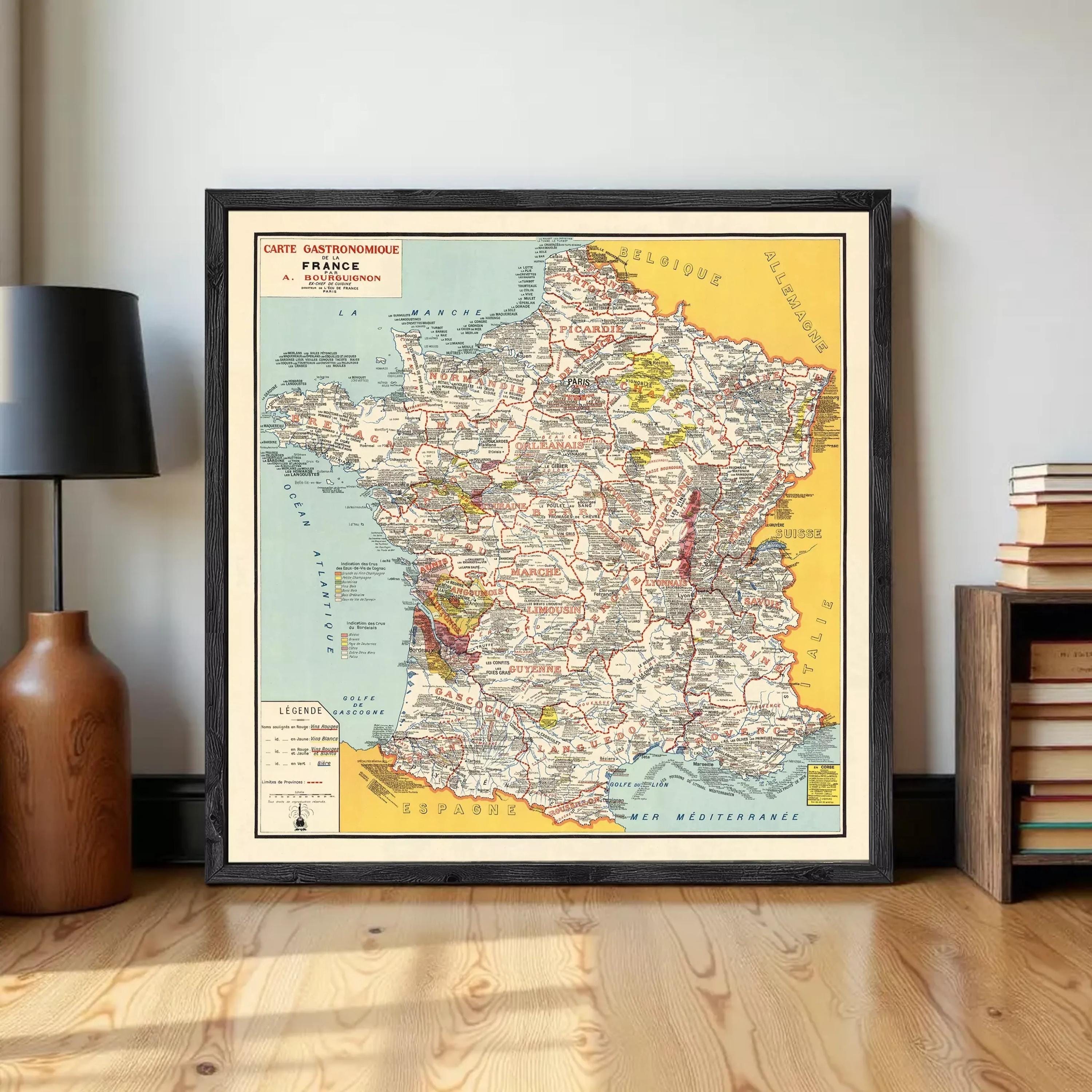 The image is a framed map of France, depicting various regions and landmarks within the country.