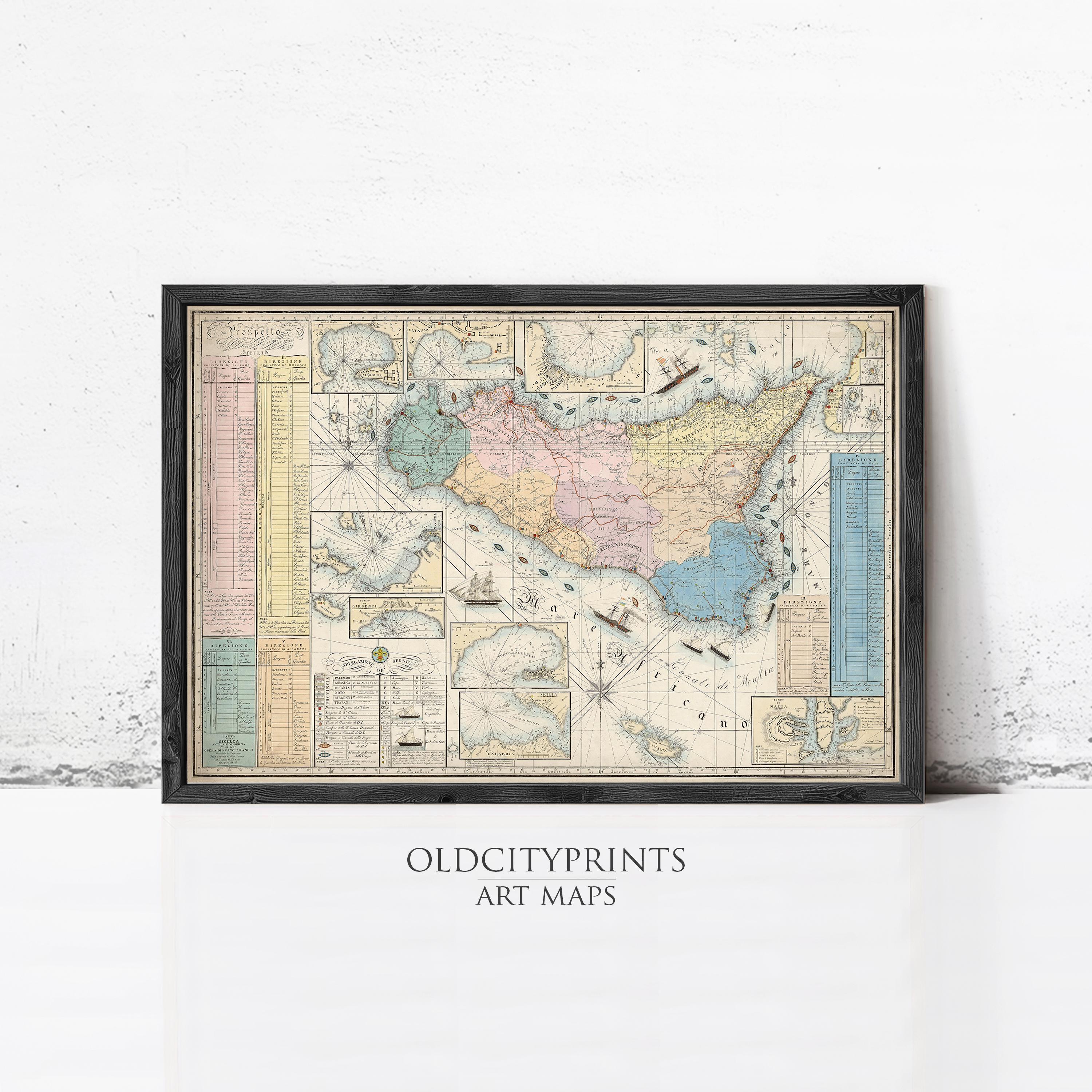The image is a framed vintage map of Italy, depicting various regions and landmarks.