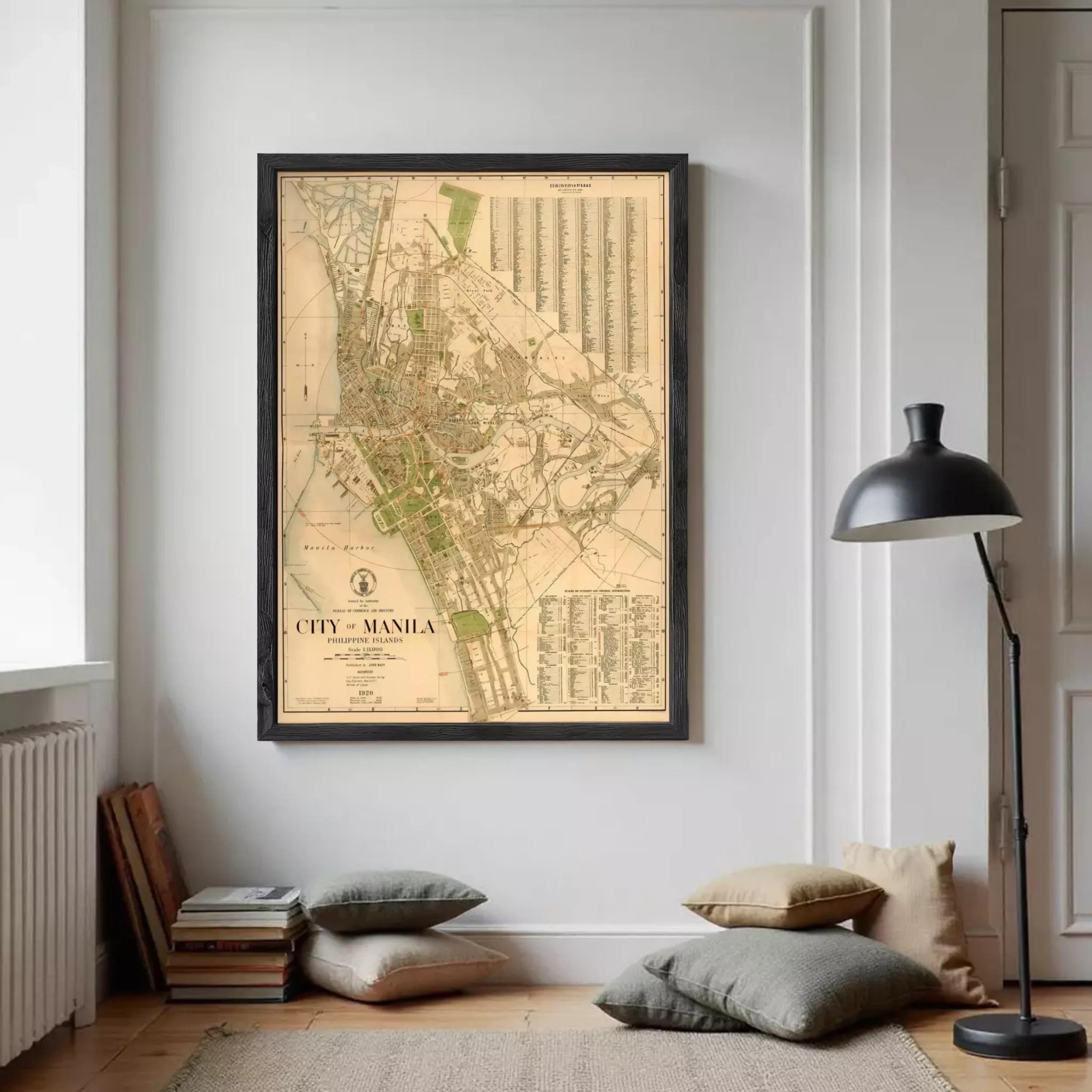 The image is a framed map of Manila, Philippines, depicting the city's layout and surrounding areas.