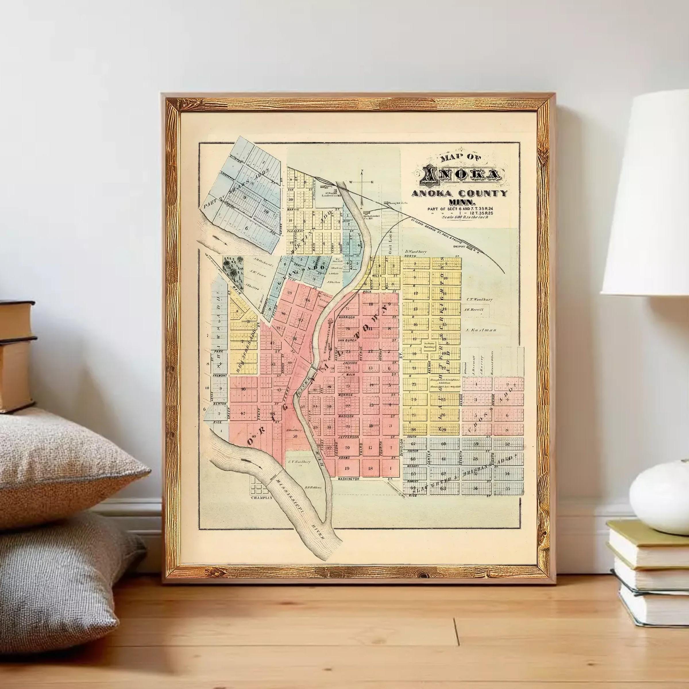 The image is a framed map of the town of Anoka, Minnesota, showing the layout of the town and surrounding areas.