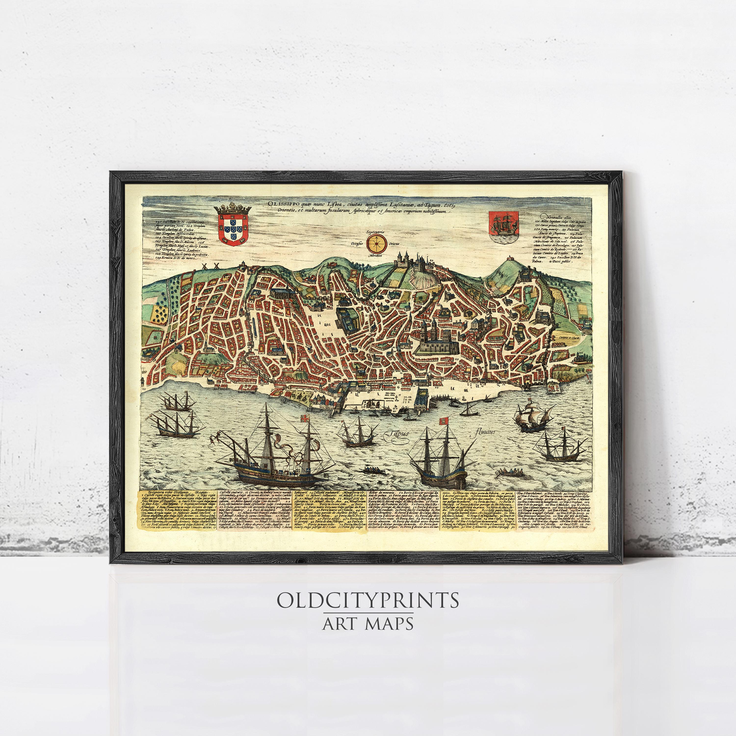 The image is a framed vintage map of a city, depicting a detailed layout of the city with ships and boats in the water.