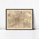 The image is a framed vintage map of Stuttgart, Germany, depicting the city's layout and surrounding areas.