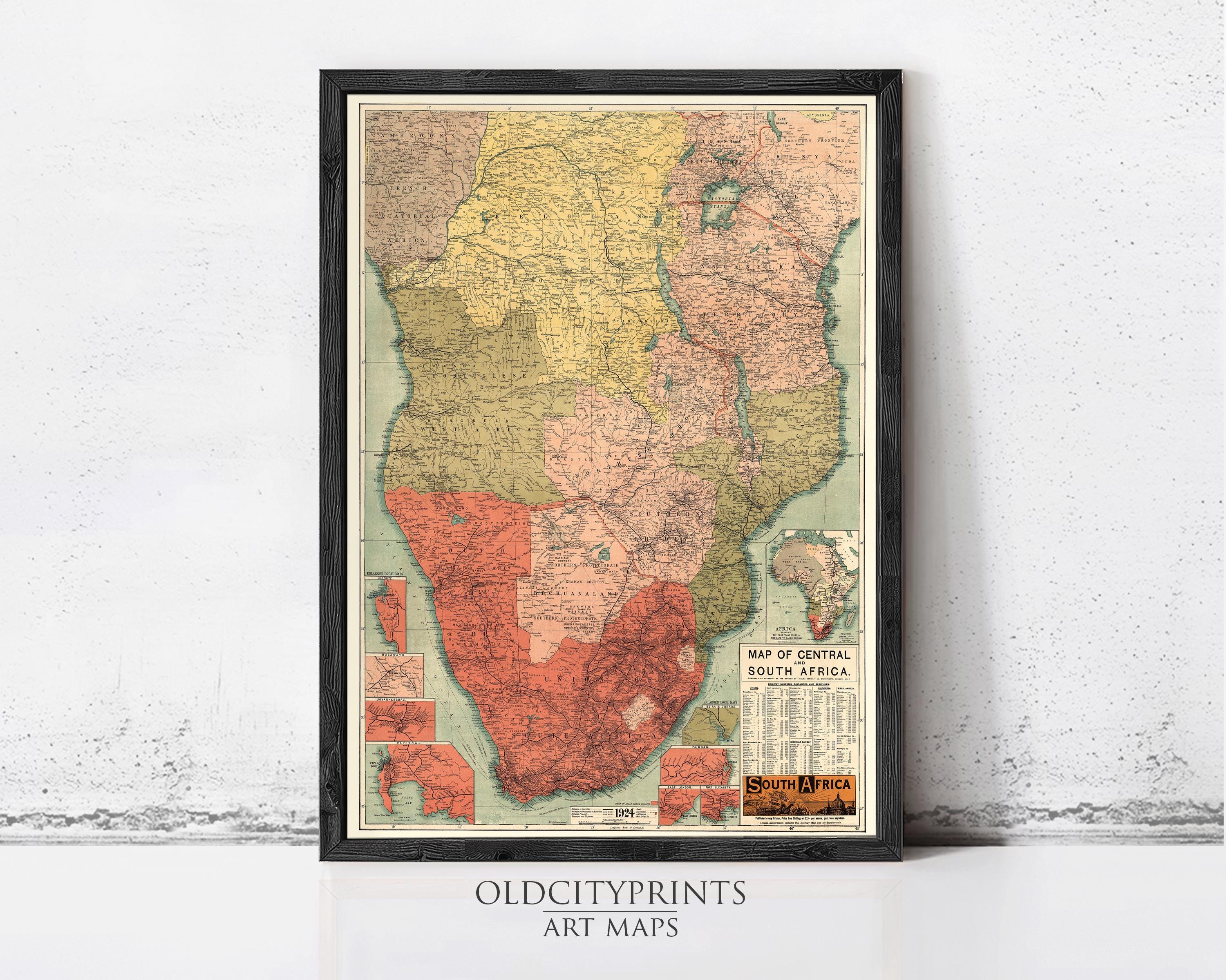 The image is a framed vintage map of South Africa, depicting the country's geographical layout and boundaries.