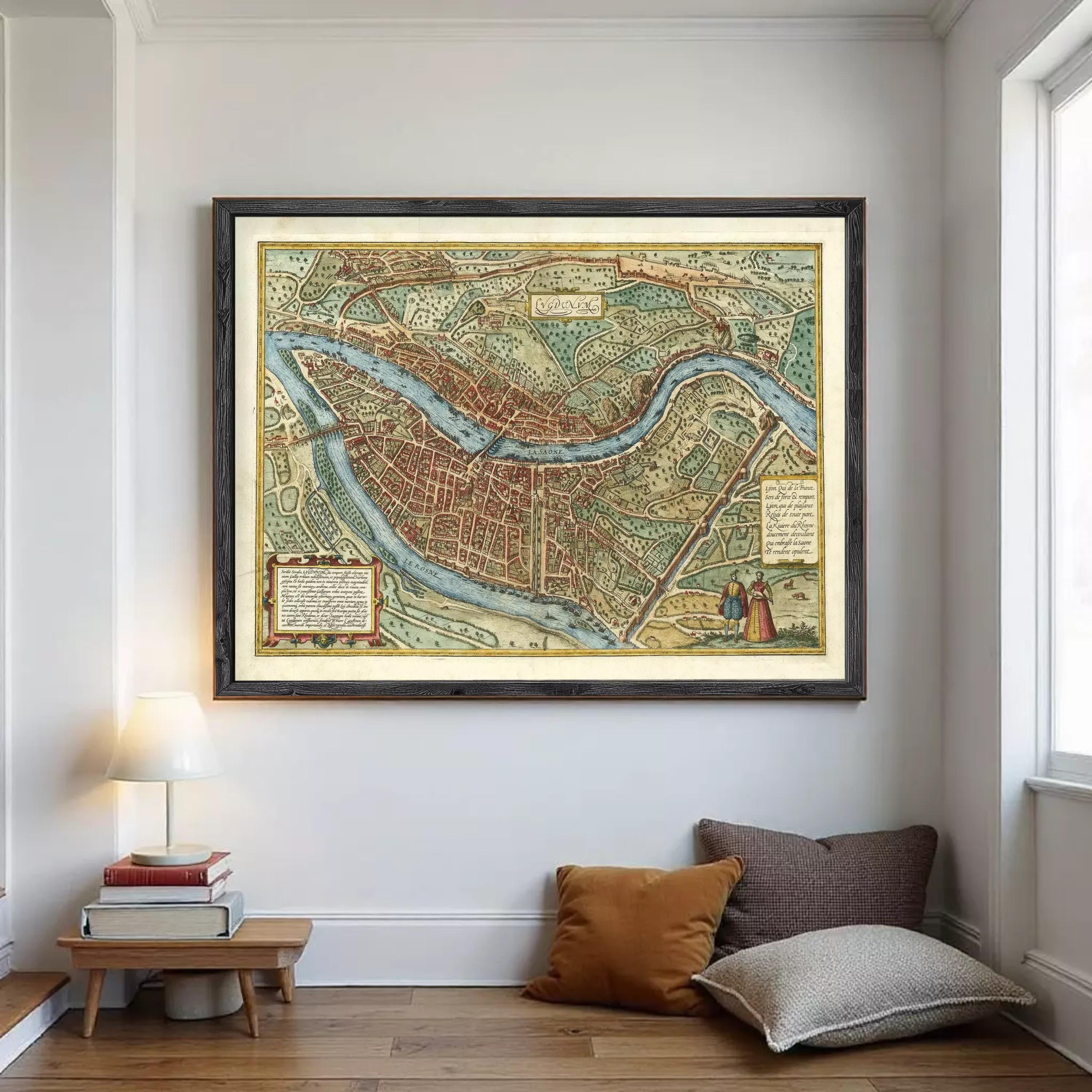 The image is a framed vintage map of a city, likely Paris, with detailed illustrations and labels.