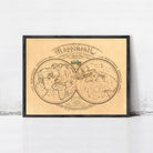The image is a framed vintage map of the world, depicting a detailed and intricate map of the world with various geographical features and labels.