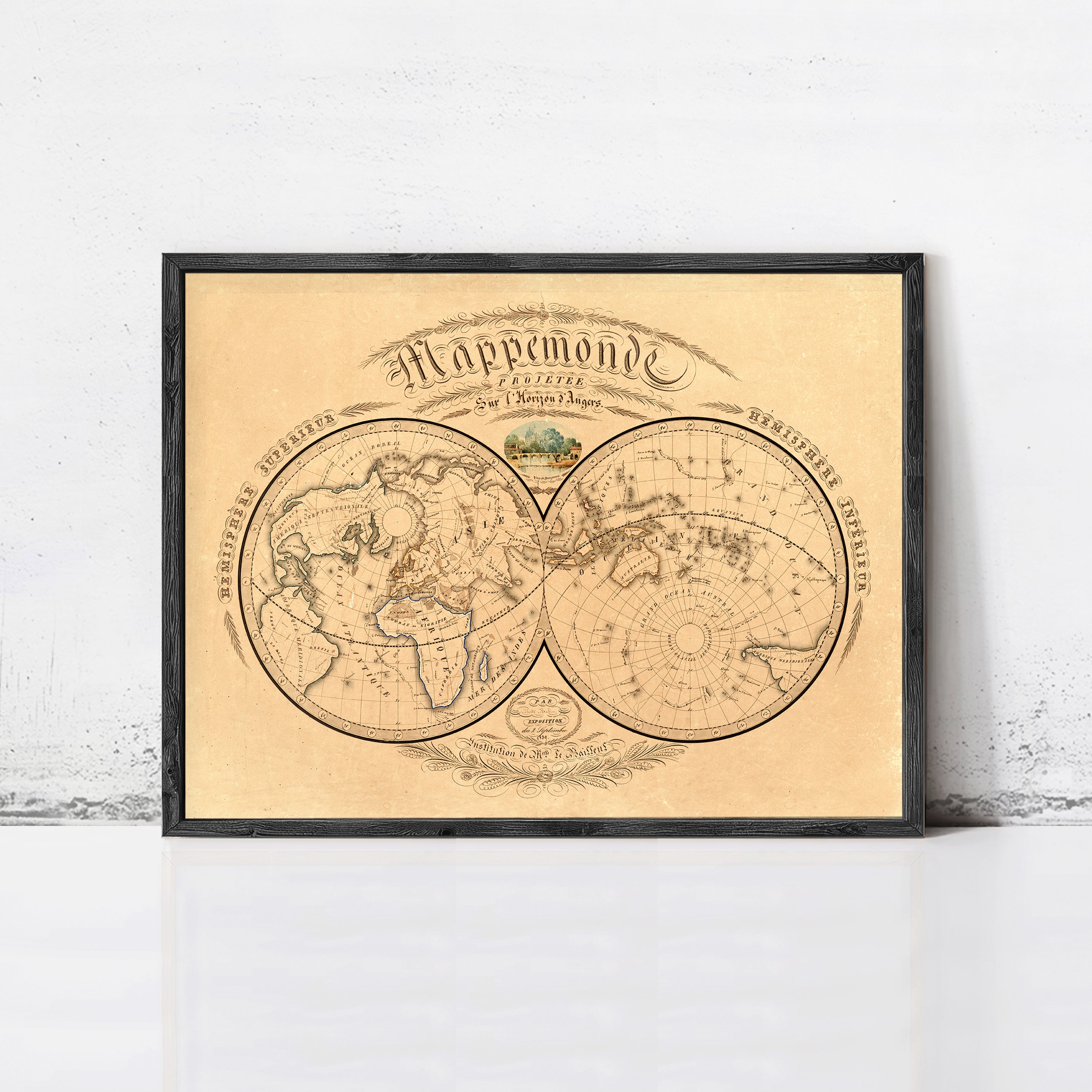The image is a framed vintage map of the world, depicting a detailed and intricate map of the world with various geographical features and labels.