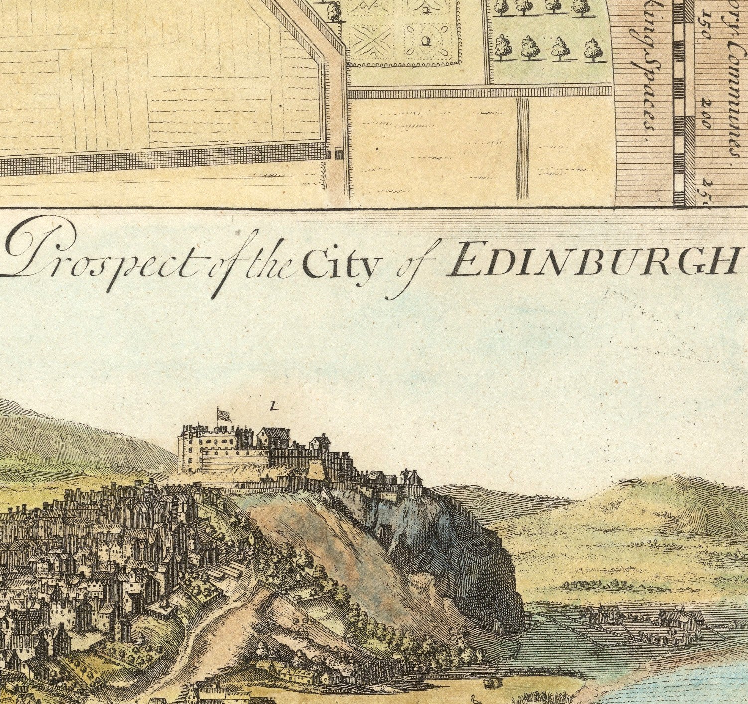 The image is a detailed illustration of a cityscape, featuring a castle on a hill, a river, and a town in the foreground.
