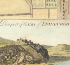 The image is a detailed illustration of a cityscape, featuring a castle on a hill, a river, and a town in the foreground.