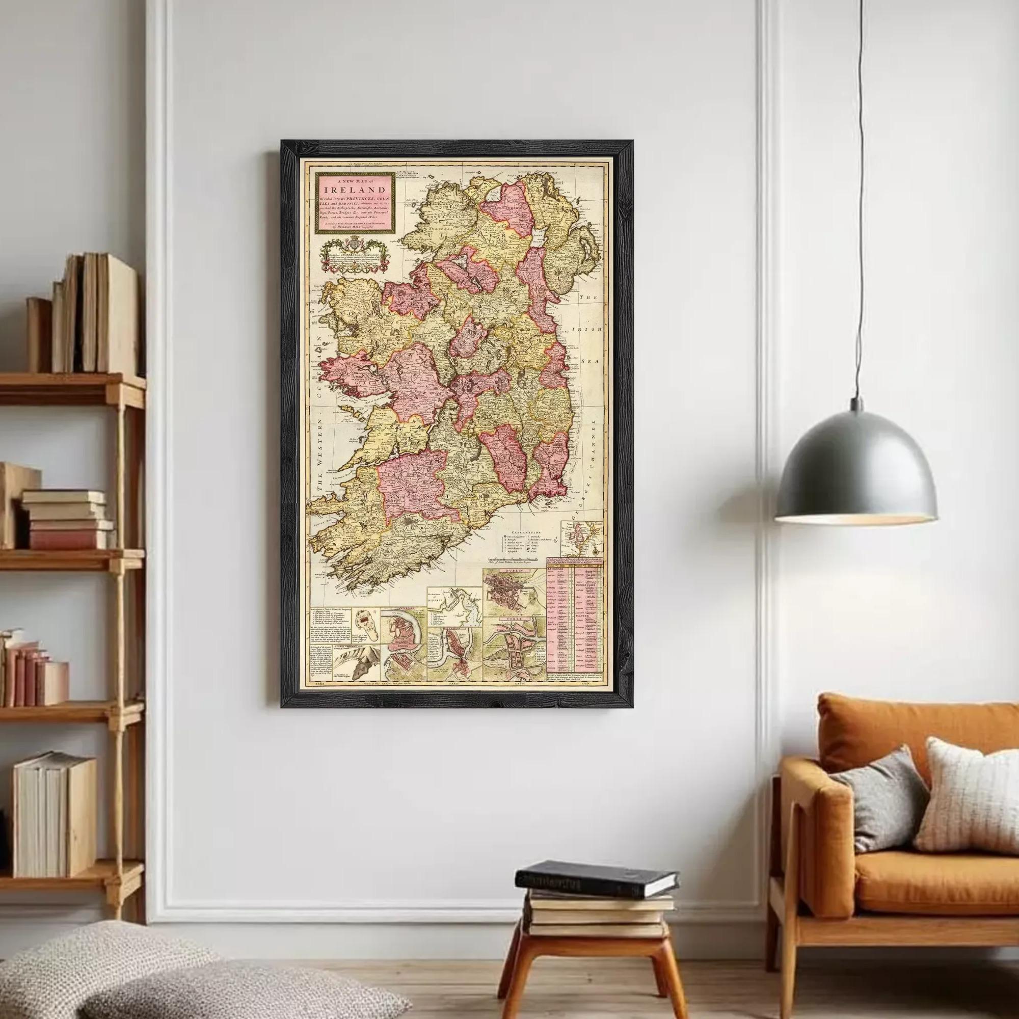 The image is a framed map of Ireland, depicting the country's geographical layout and boundaries.