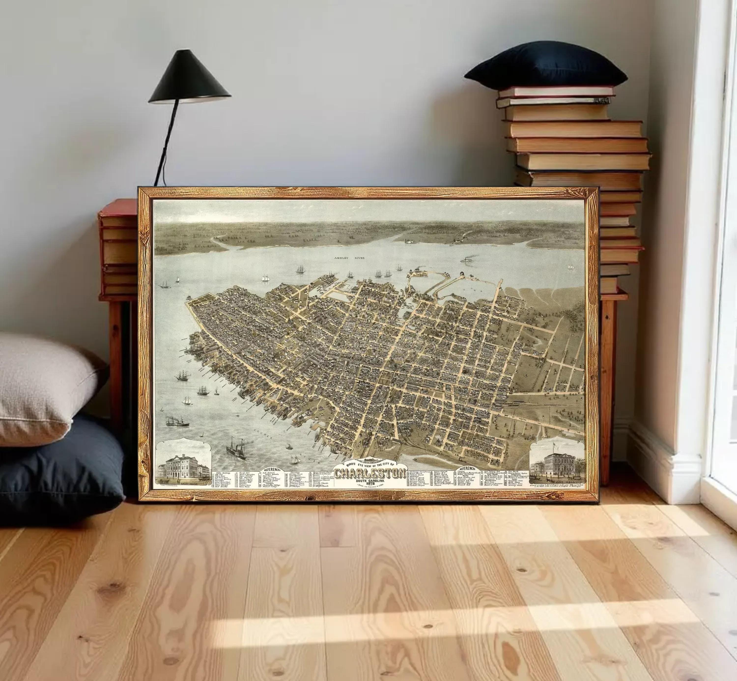 The image is a framed vintage map of the city of Charleston, South Carolina, depicting the city's layout and surrounding areas.