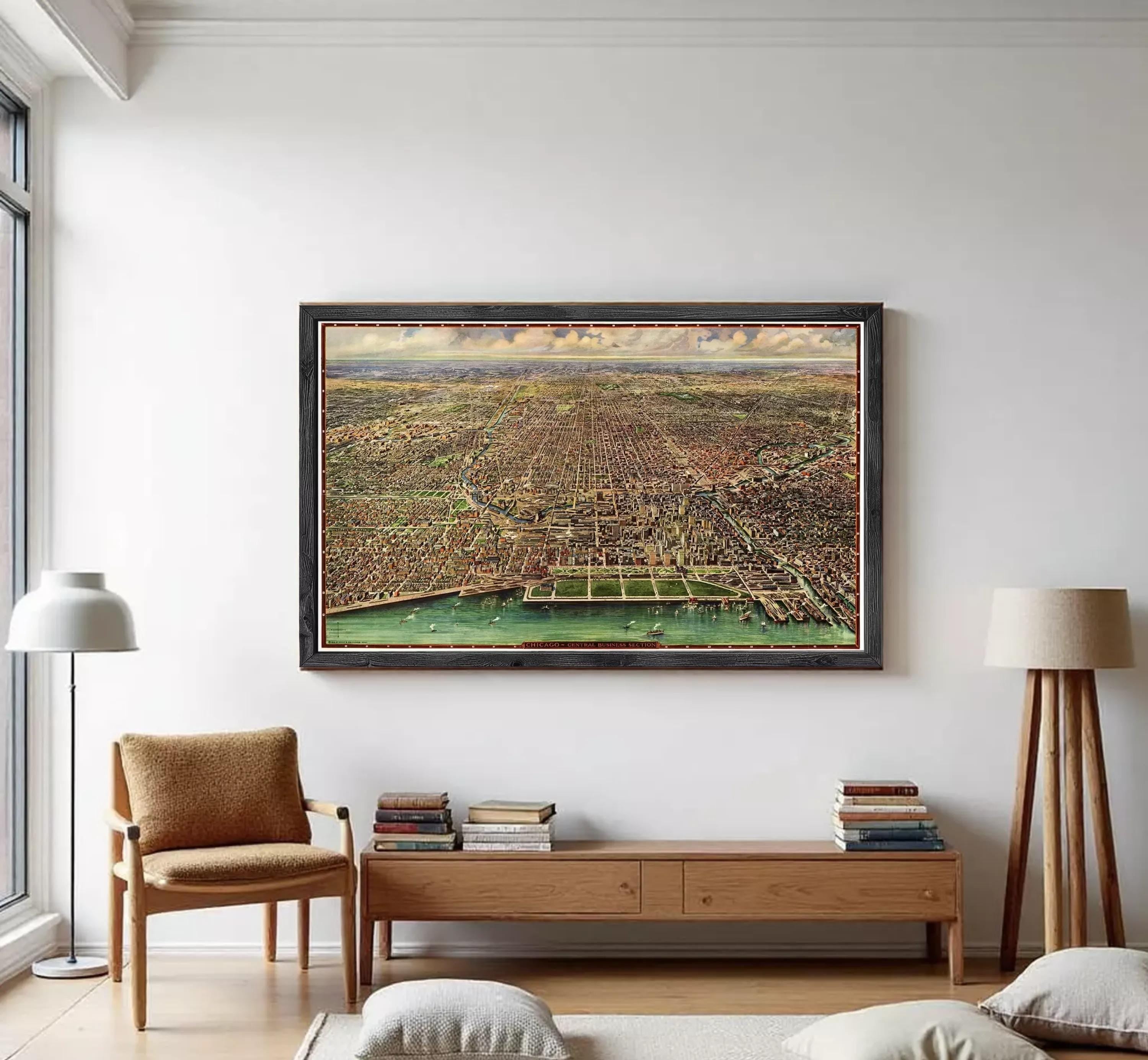 The image is a framed painting depicting a cityscape with a river running through it.