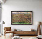 The image is a framed painting depicting a cityscape with a river running through it.