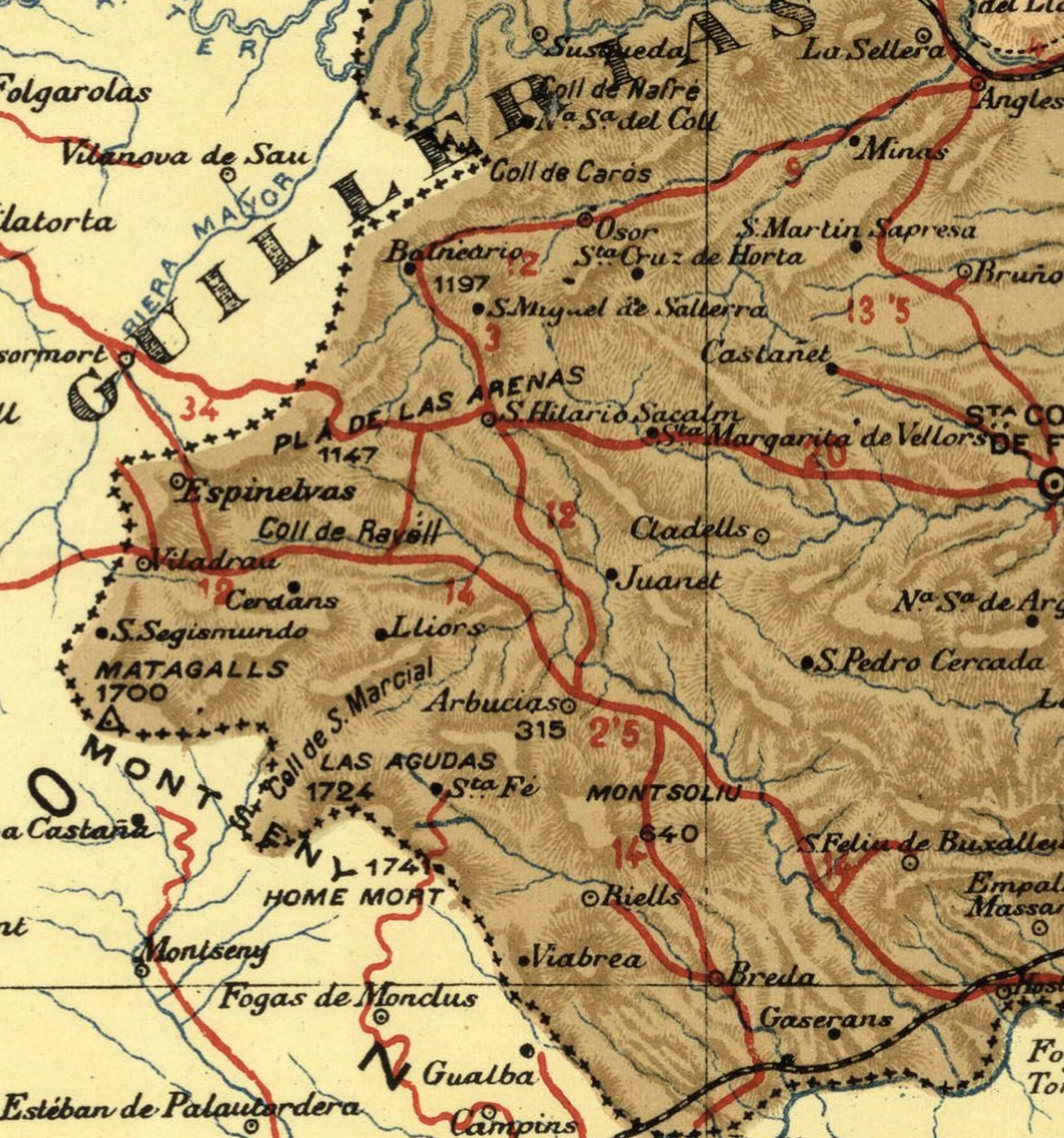 The image is a detailed map of a mountainous region, showing various landmarks, roads, and geographical features.