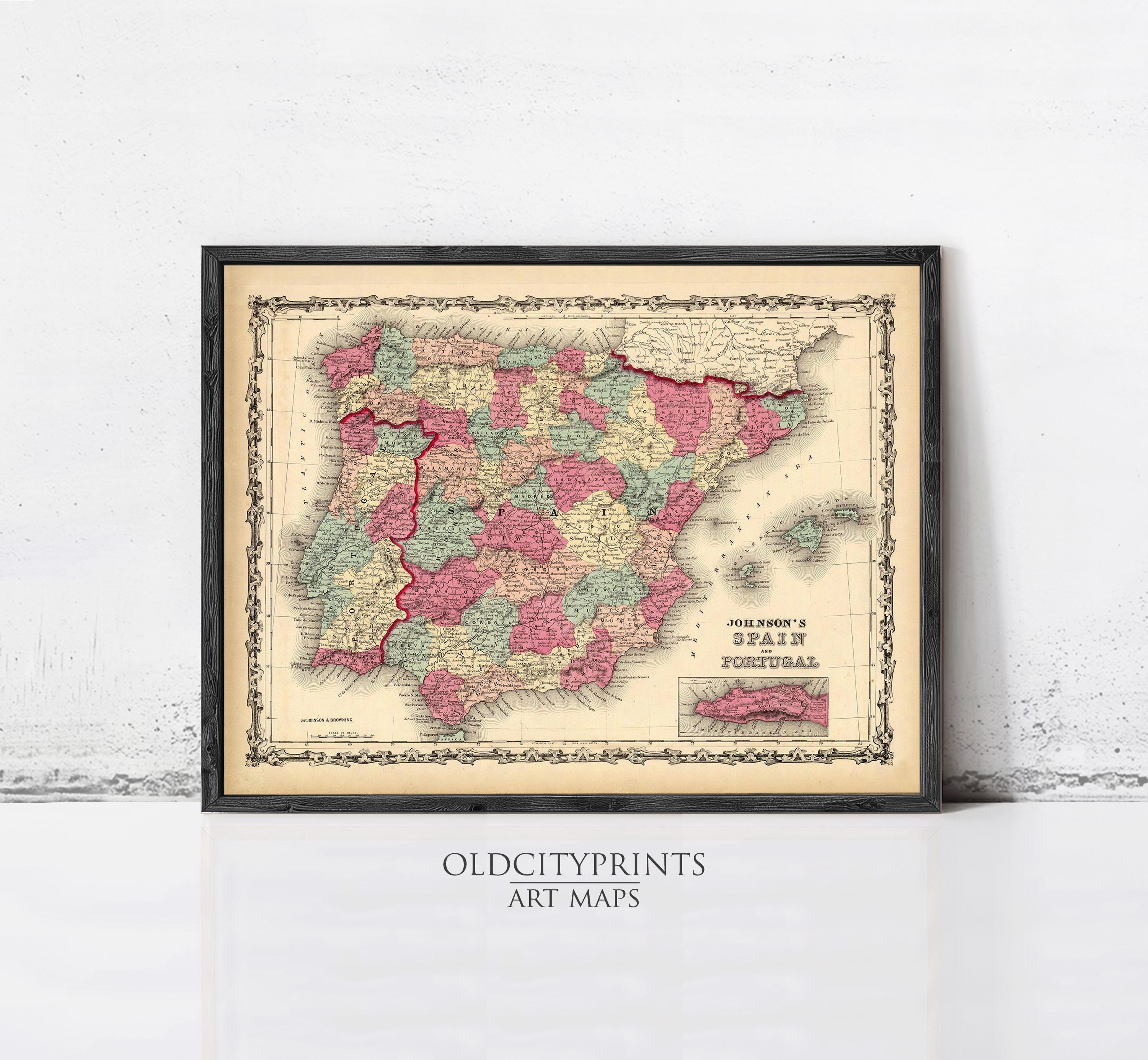 The image is a framed vintage map of Spain, depicting the country's geographical layout and boundaries.